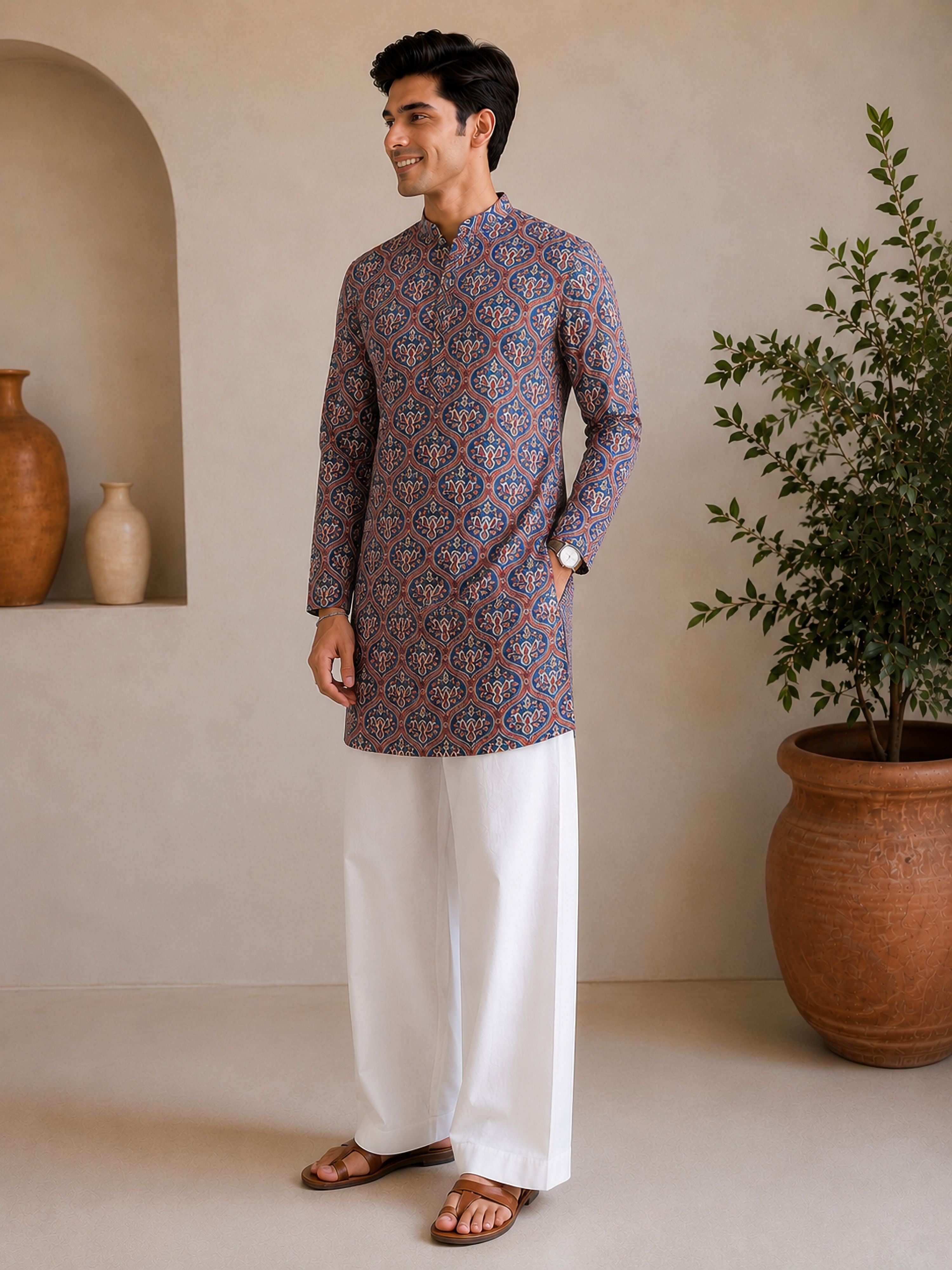 Men's Red Cotton Embroidered Thigh Length Kurta with Wide Leg Pant