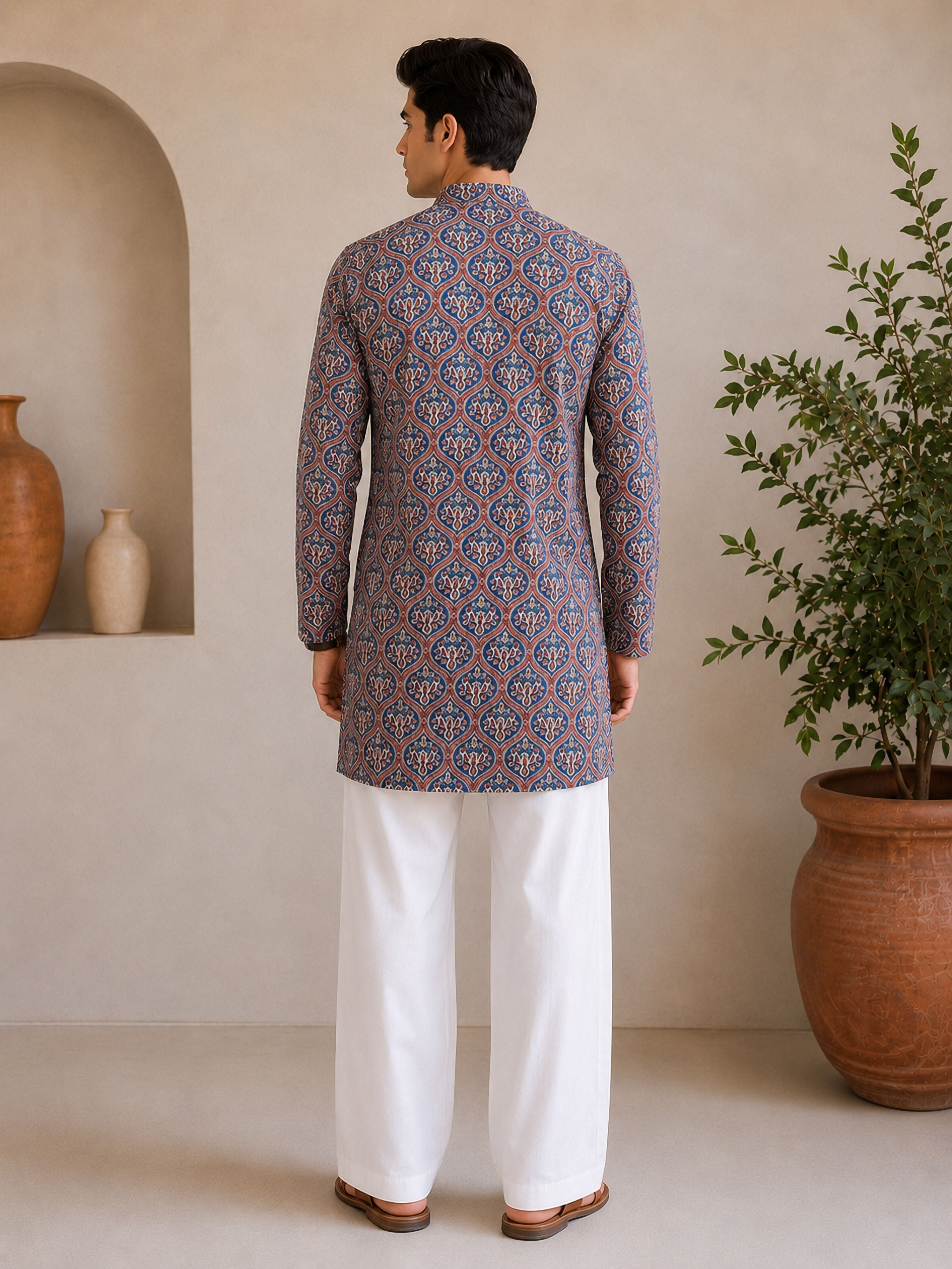 Men's Red Cotton Embroidered Thigh Length Kurta with Wide Leg Pant