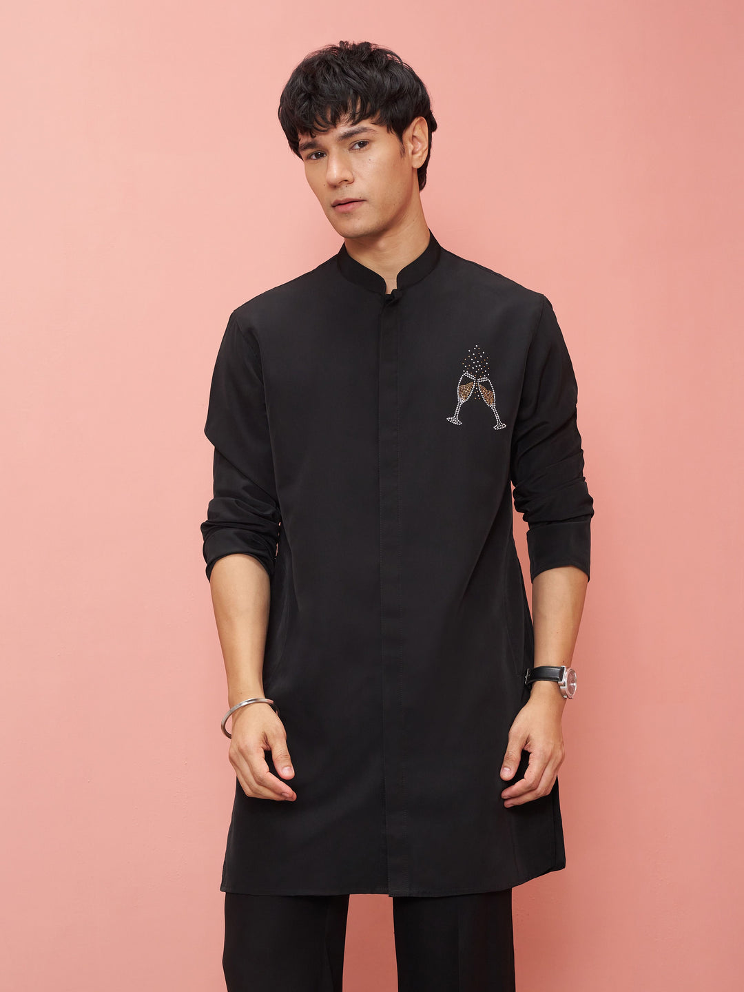 Men Black Armani Kurta Navratri, Diwali, Wedding, Festive, Party, Festive Glitz Ethnic Wear