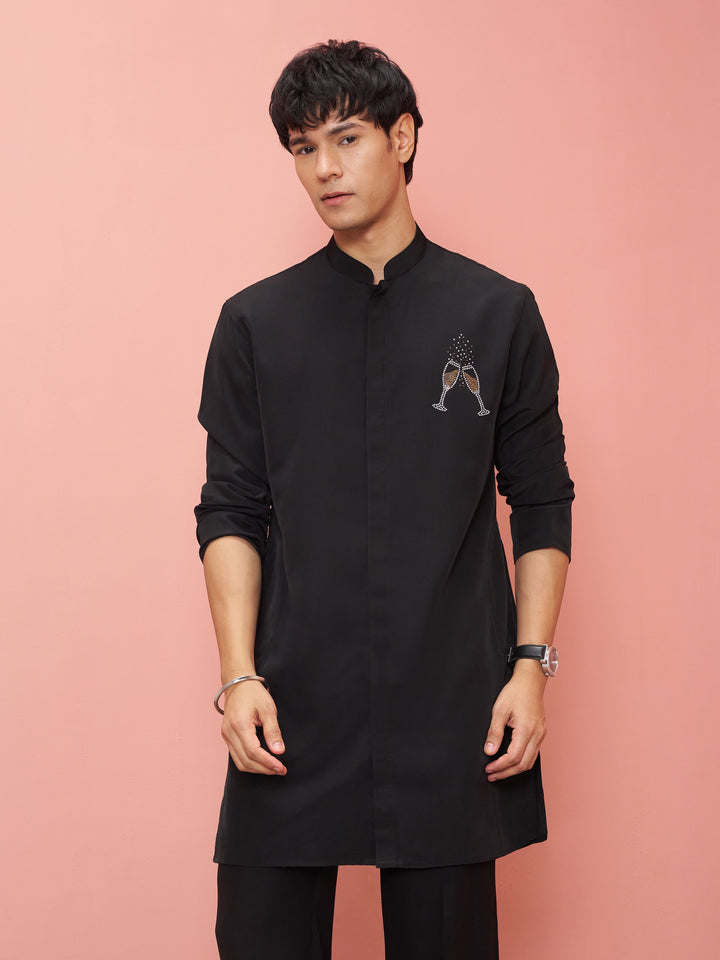 Men Black Armani Kurta Navratri, Diwali, Wedding, Festive, Party, Festive Glitz Ethnic Wear