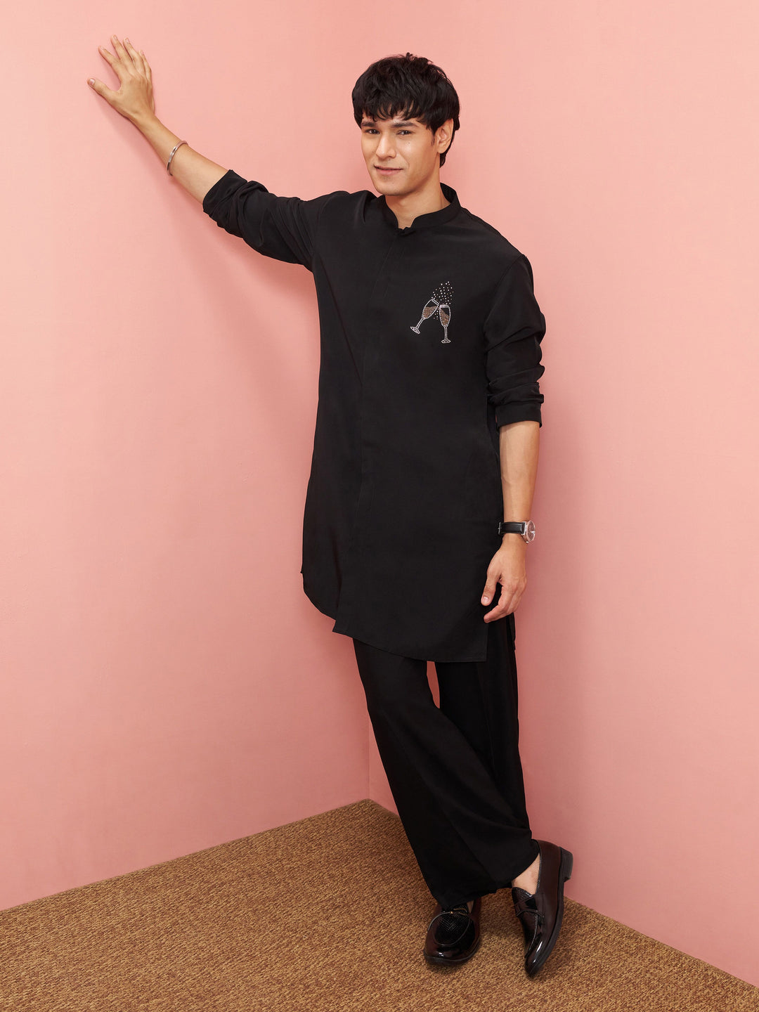 Men Black Armani Kurta with Pant Navratri, Diwali, Wedding, Festive, Party, Festive Glitz Ethnic Wear