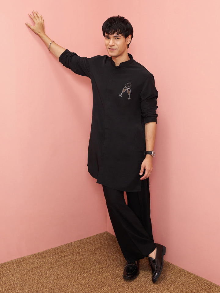 Men Black Armani Kurta with Pant Navratri, Diwali, Wedding, Festive, Party, Festive Glitz Ethnic Wear