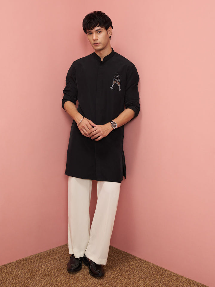 Men Black Armani Kurta with Pant Navratri, Diwali, Wedding, Festive, Party, Festive Glitz Ethnic Wear