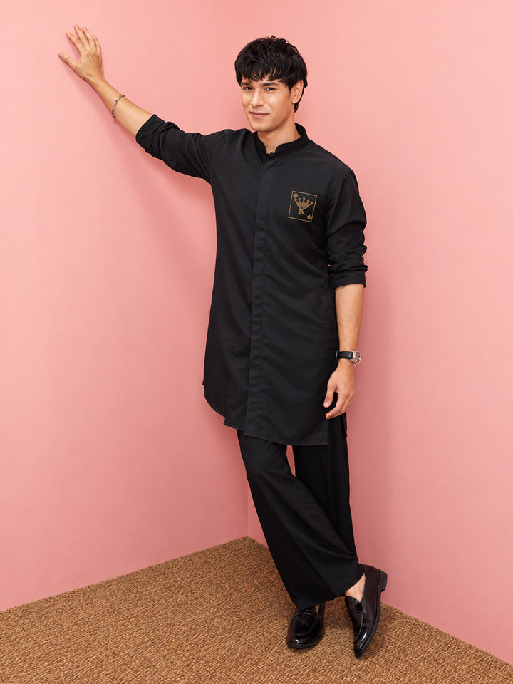 Men Black Armani Kurta with Pant Navratri, Diwali, Wedding, Festive, Party, Festive Glitz Ethnic Wear