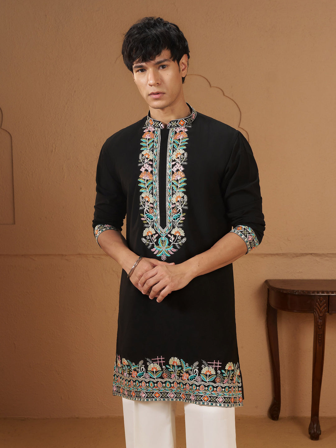 Men Black Armani Kurta Wedding, Diwali, Festive, Navratri Ethnic Wear