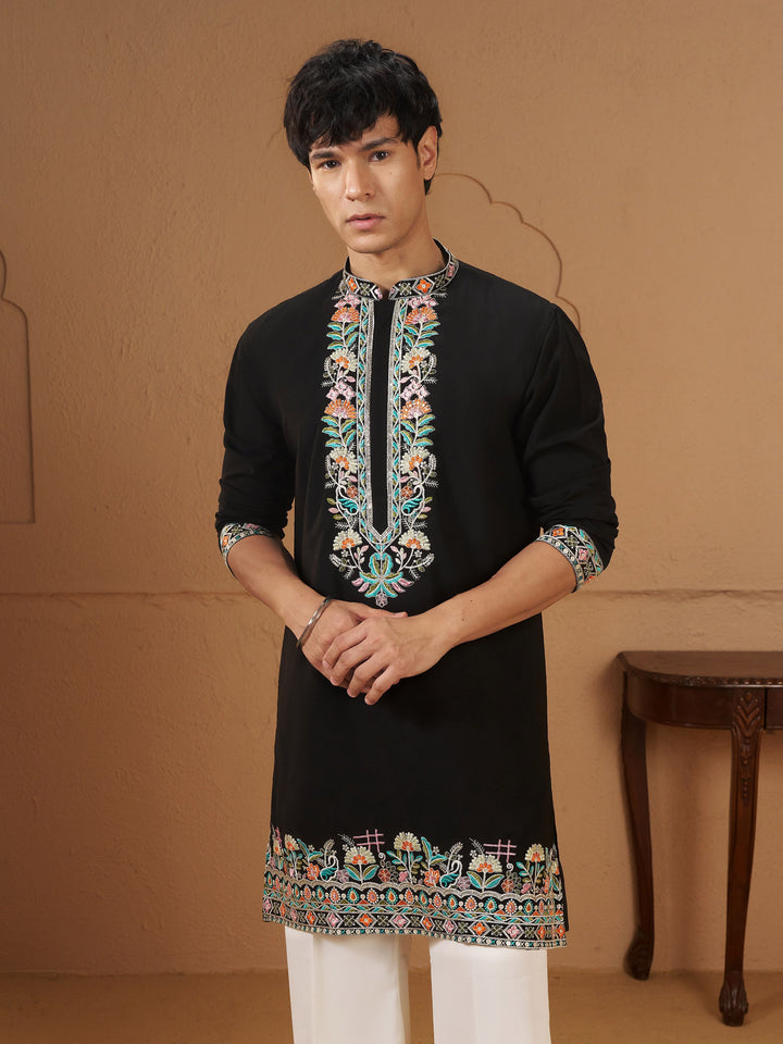 Men Black Armani Kurta Wedding, Diwali, Festive, Navratri Ethnic Wear