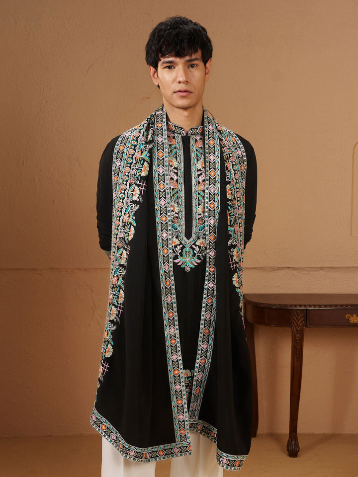 Men Black Armani Kurta With Dupatta Only Wedding, Diwali, Festive, Navratri Ethnic Wear