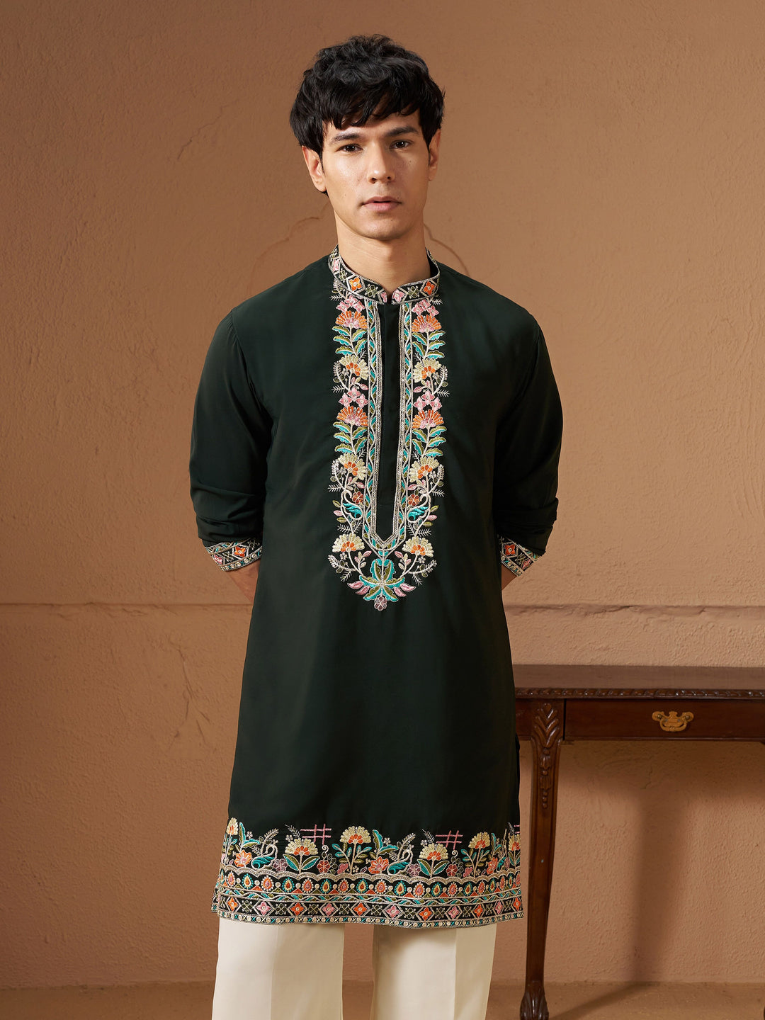Men Dark Green Armani Kurta Wedding, Diwali, Festive, Navratri Ethnic Wear