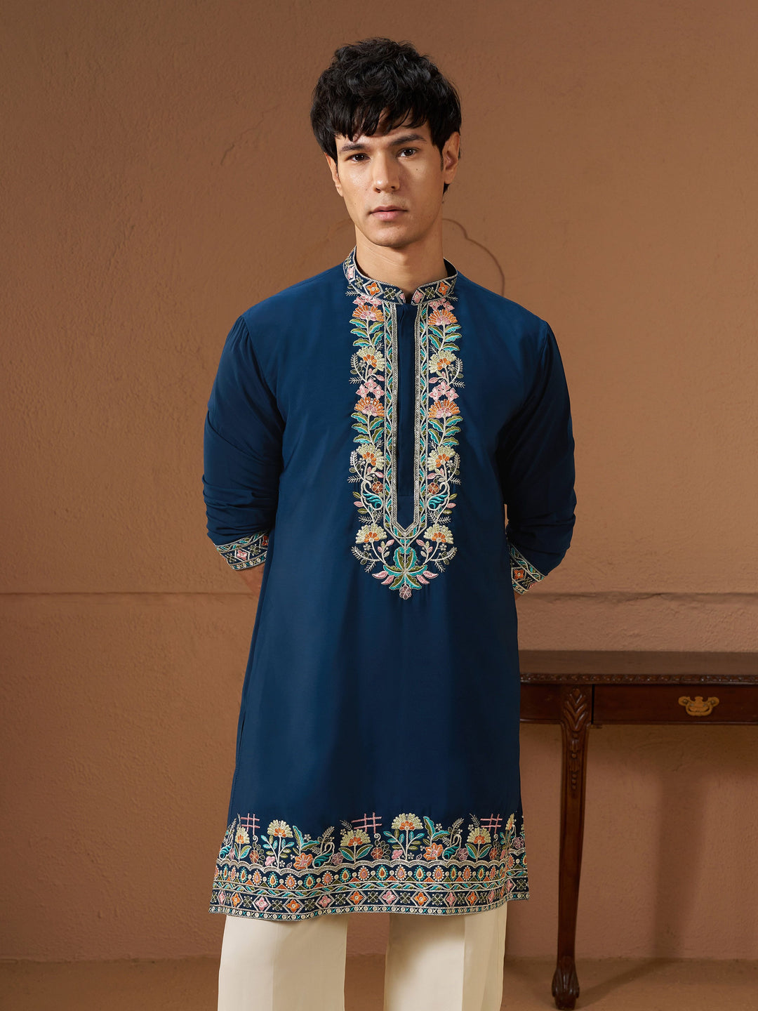 Men Navy Blue Armani Kurta Wedding, Diwali, Festive, Navratri Ethnic Wear