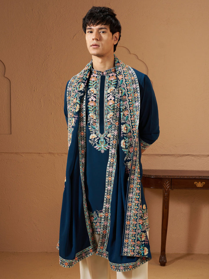 Men Navy Blue Armani Kurta With Dupatta Only Wedding, Diwali, Festive, Navratri Ethnic Wear