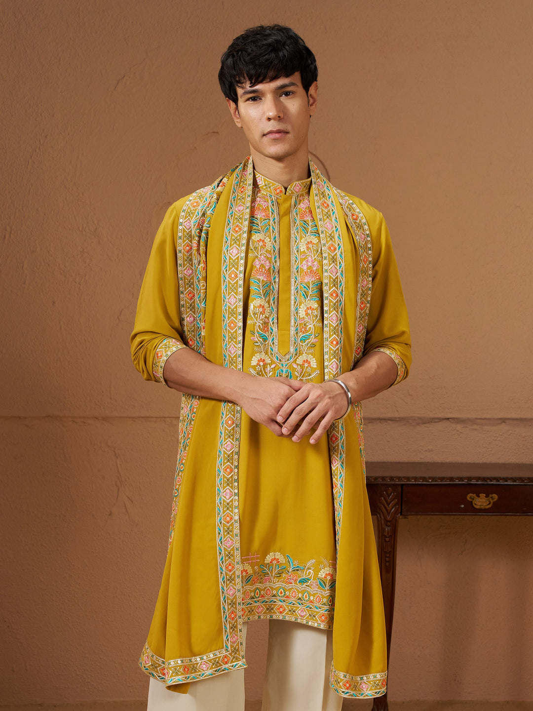 Men Yellow Armani Kurta With Dupatta Only Wedding, Diwali, Festive, Navratri Ethnic Wear