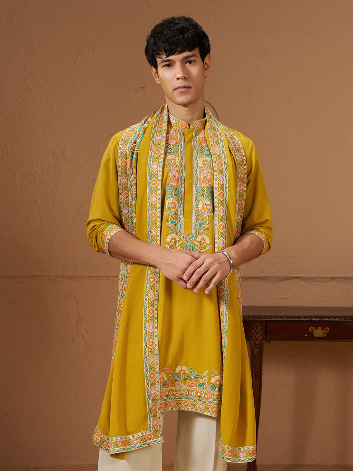 Men Yellow Armani Kurta With Dupatta Only Wedding, Diwali, Festive, Navratri Ethnic Wear