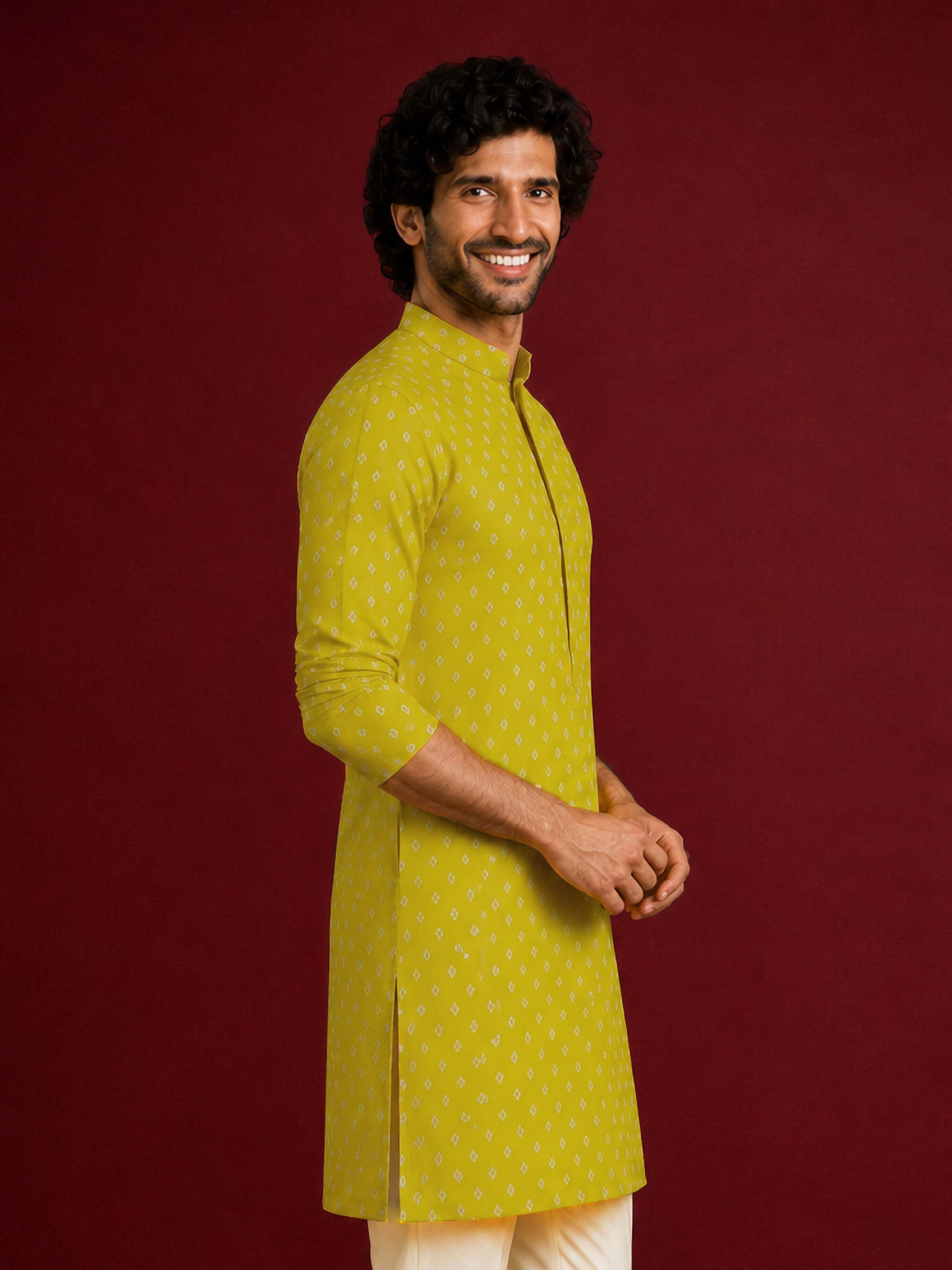 Men's Yellow Rayon Digital Print Thigh Length Kurta