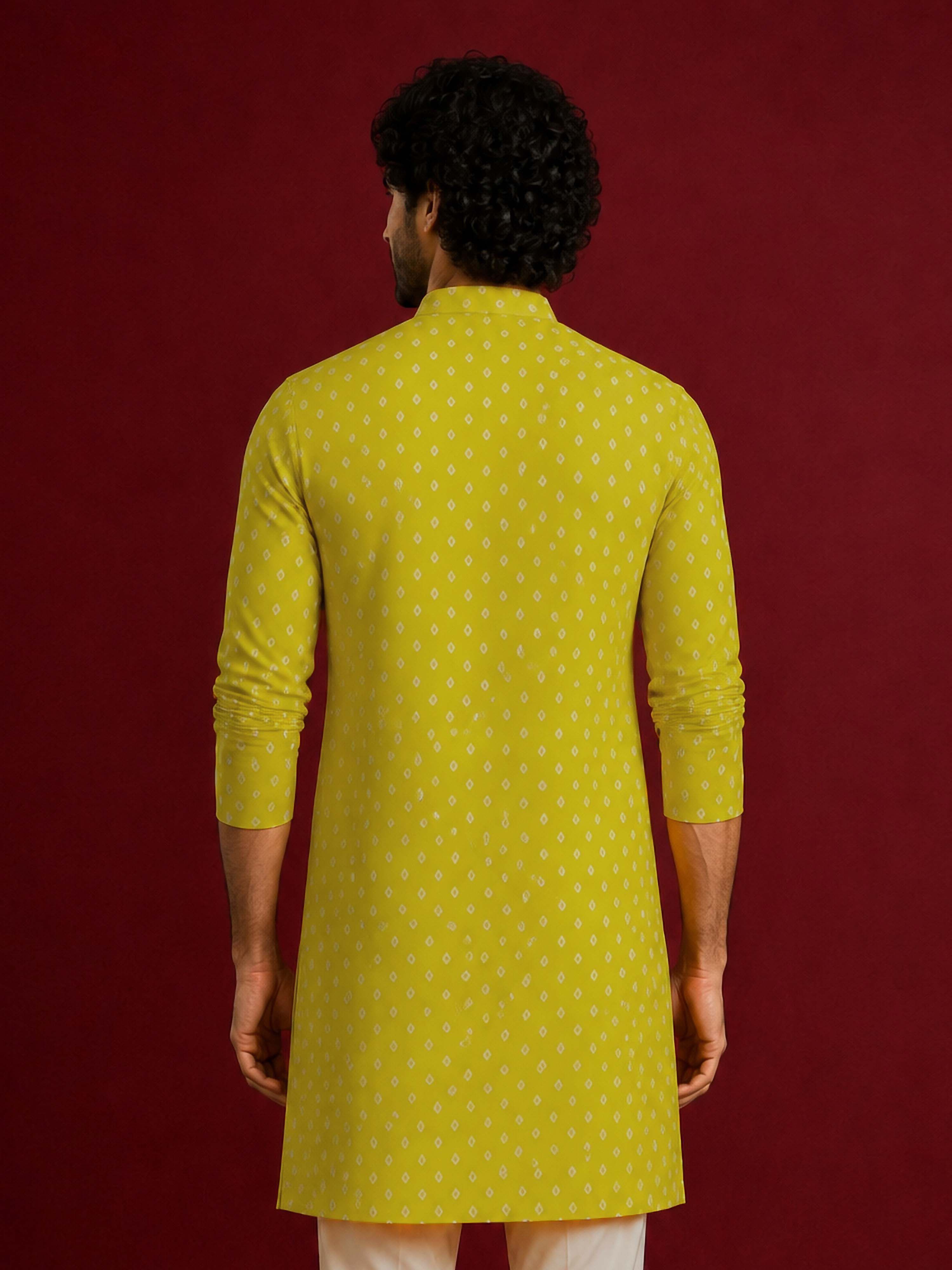 Men's Yellow Rayon Digital Print Thigh Length Kurta