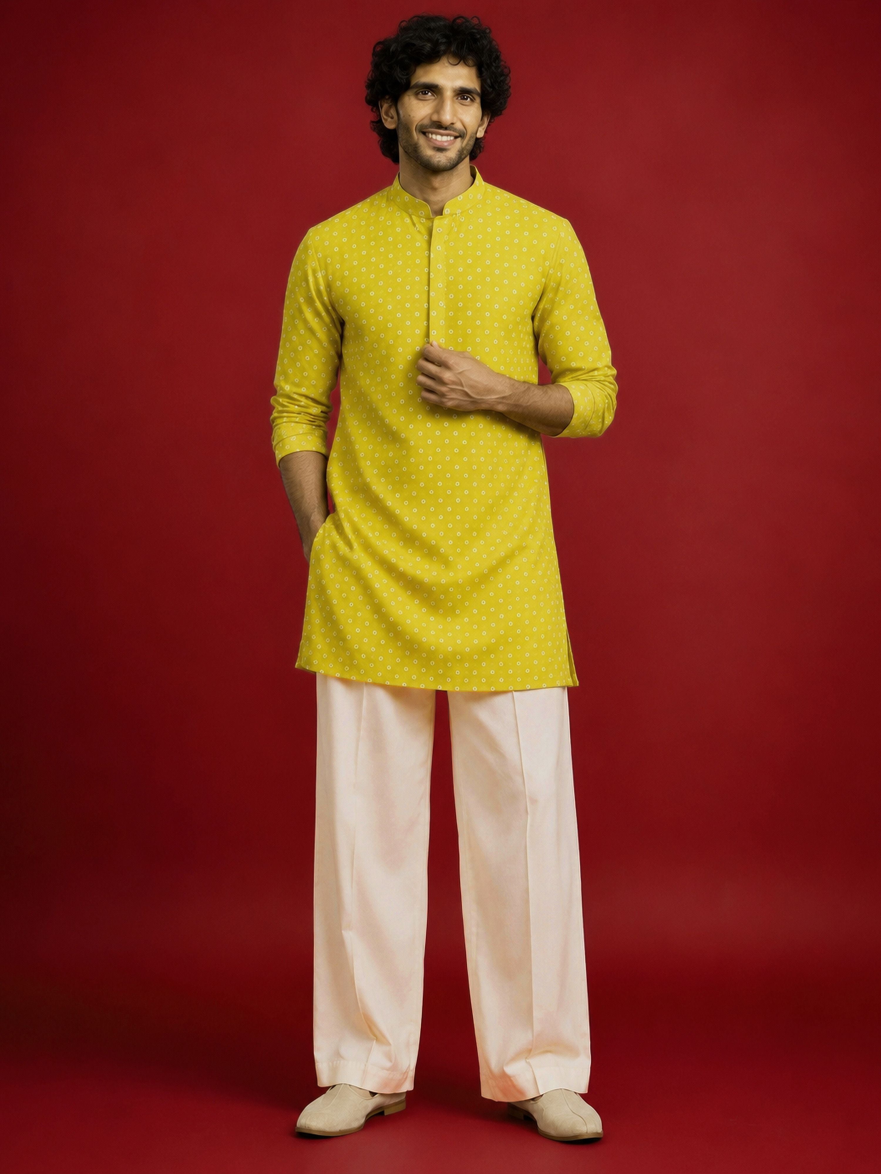 Men's Yellow Rayon Digital Print Thigh Length Kurta with Pyjama