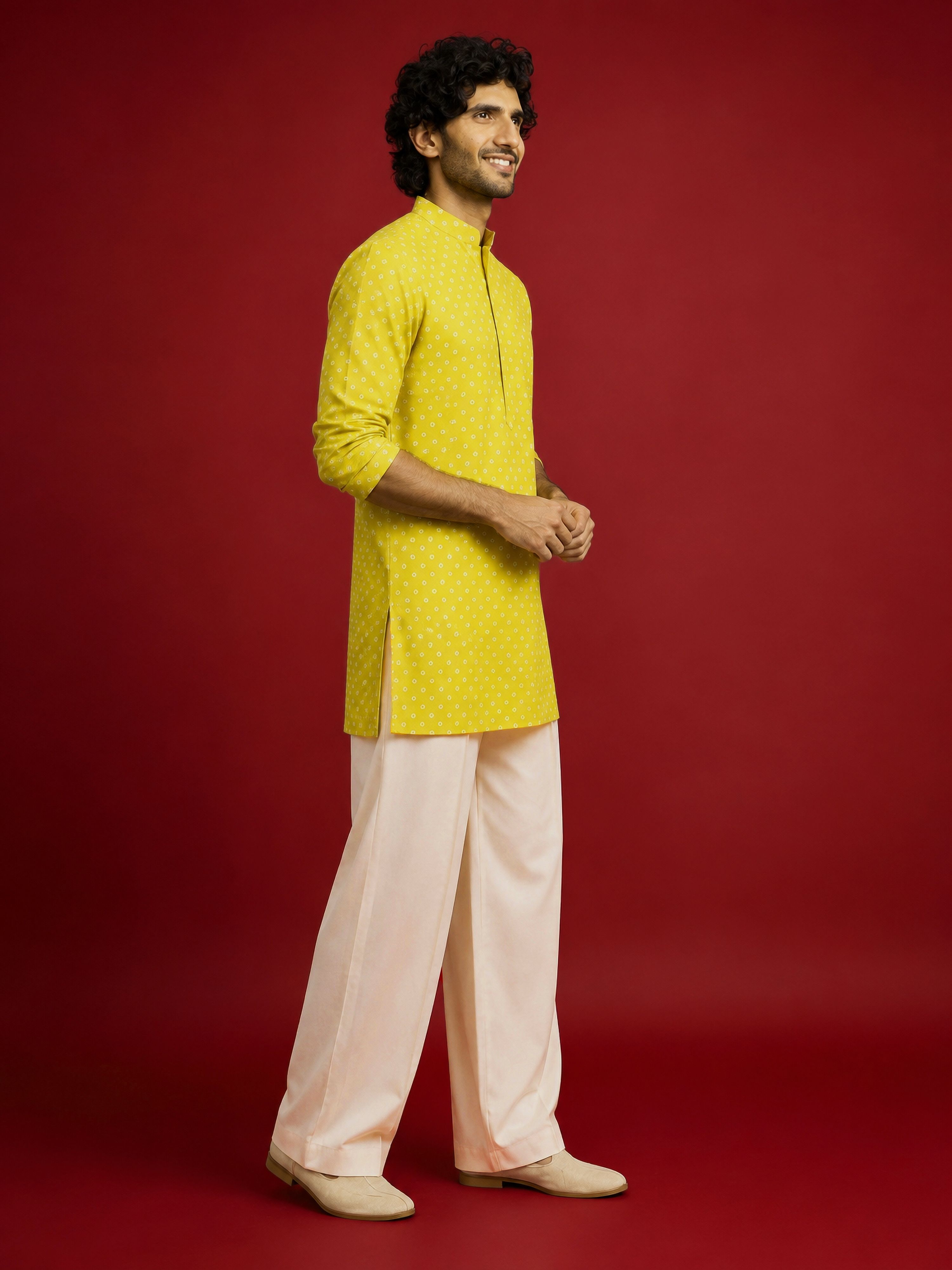 Men's Yellow Rayon Digital Print Thigh Length Kurta with Pyjama