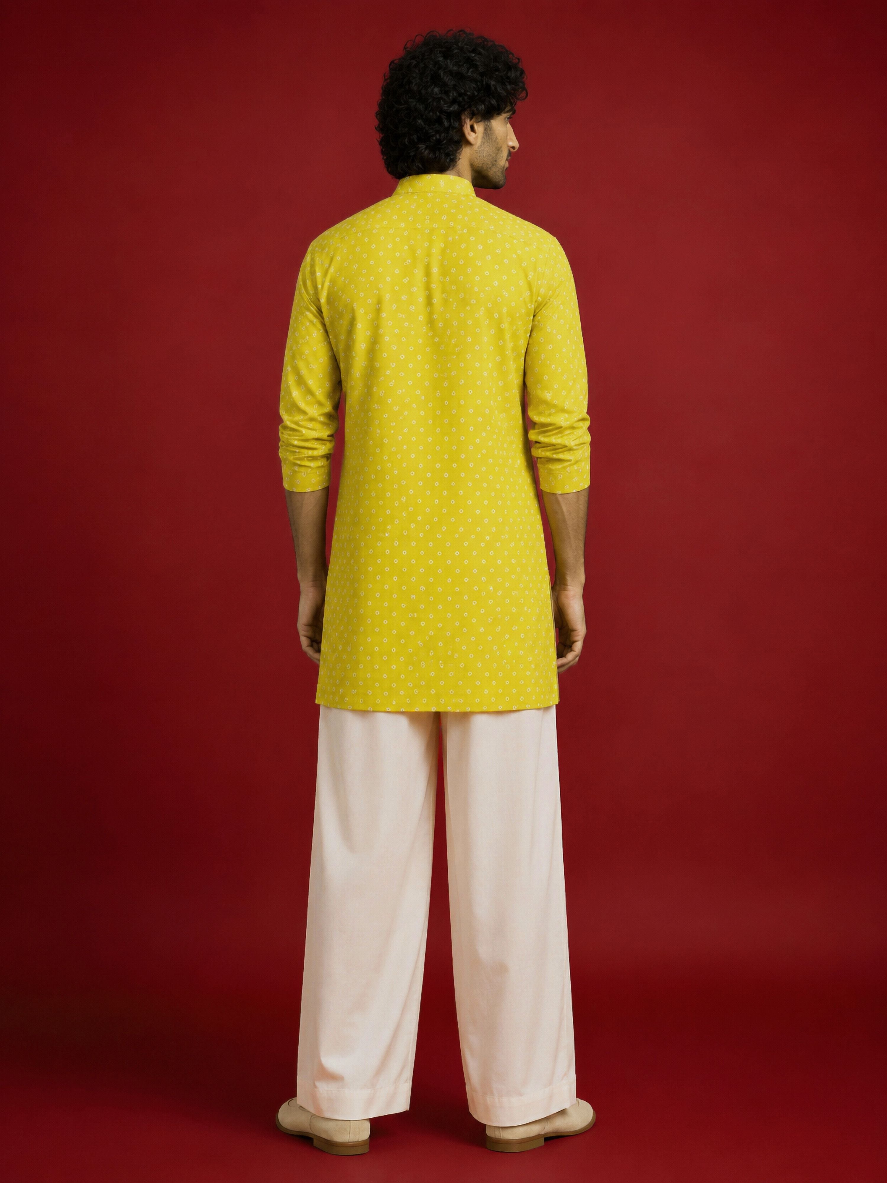 Men's Yellow Rayon Digital Print Thigh Length Kurta with Pyjama