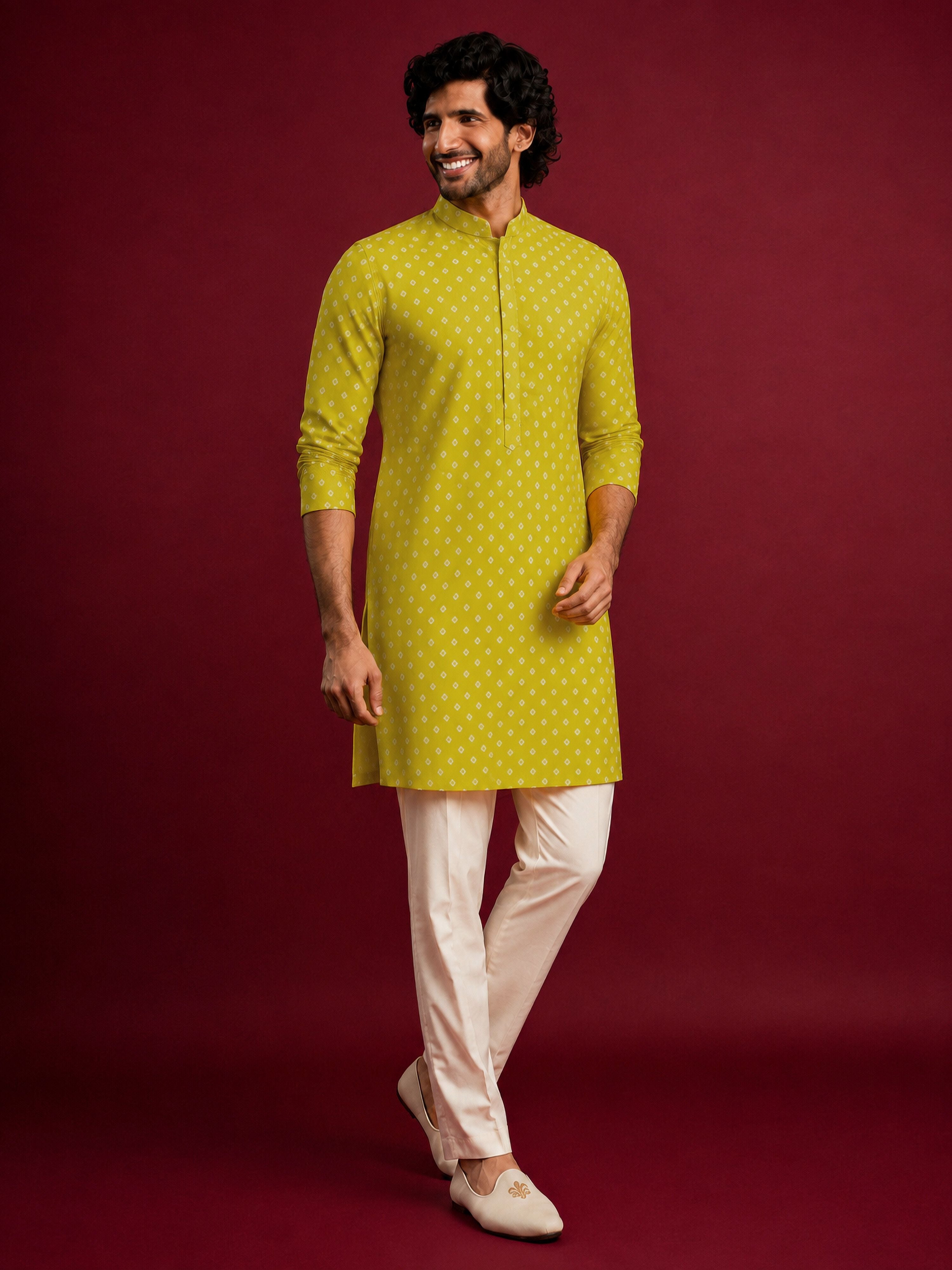 Men Yellow Rayon Kurta with Pyjama Navratri, Diwali, Festive, Summer / Casual, Party, Wedding, Durga Puja Ethnic Wear