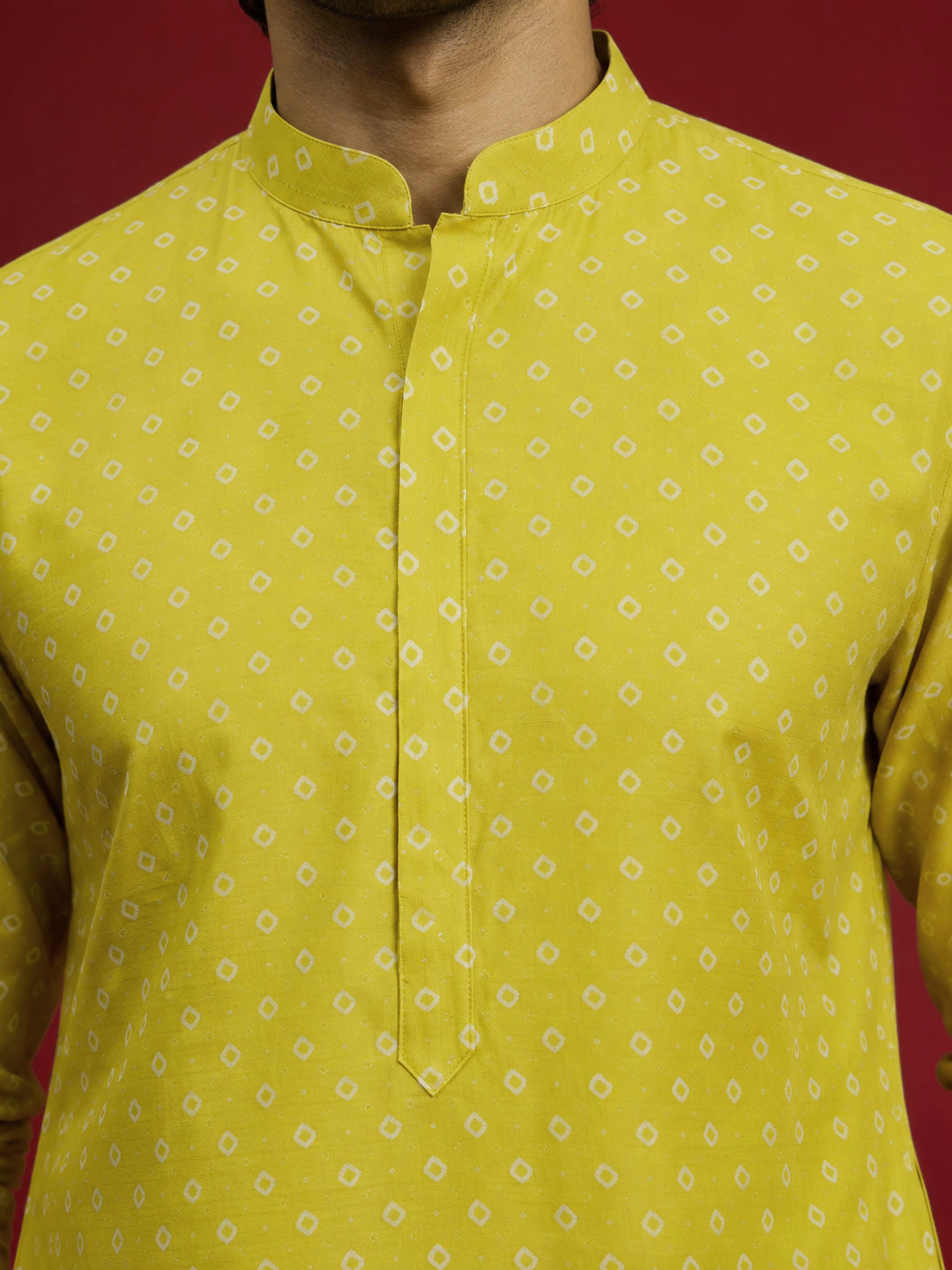 Men's Yellow Rayon Digital Print Thigh Length Kurta with Pyjama