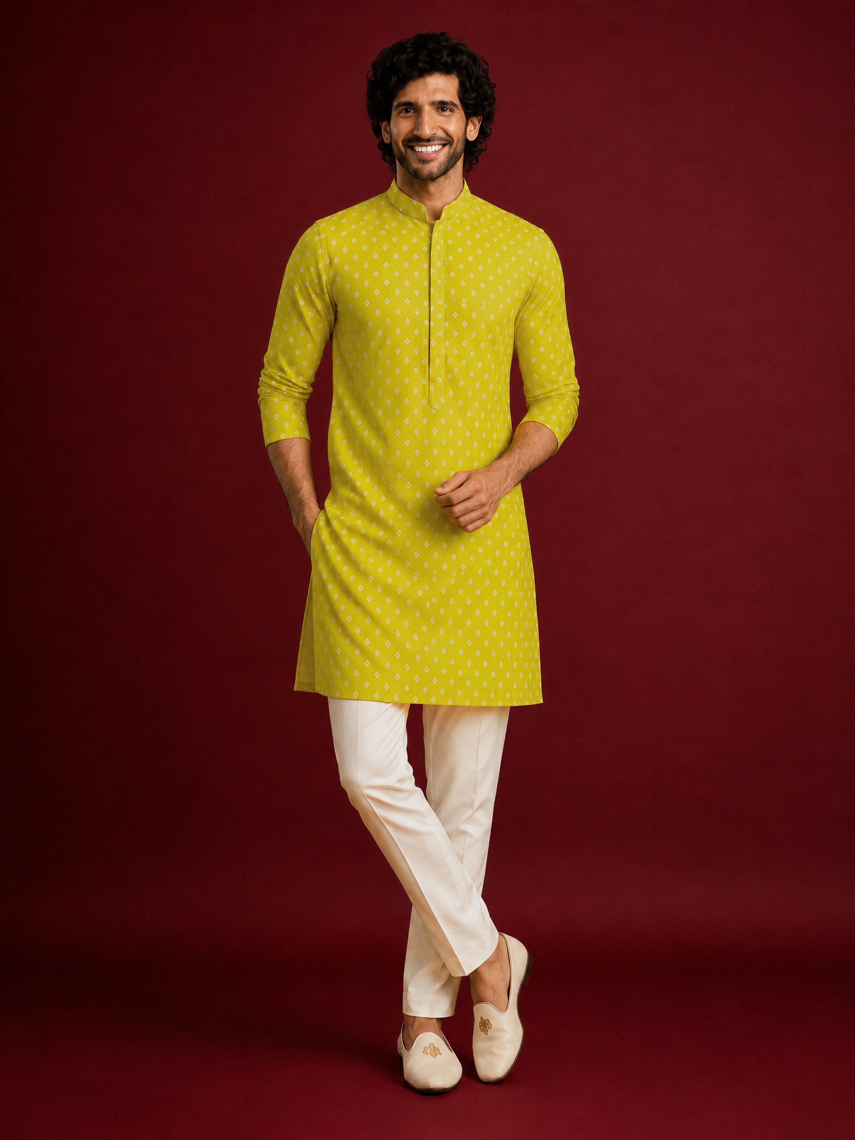 Men's Yellow Rayon Digital Print Thigh Length Kurta with Pyjama