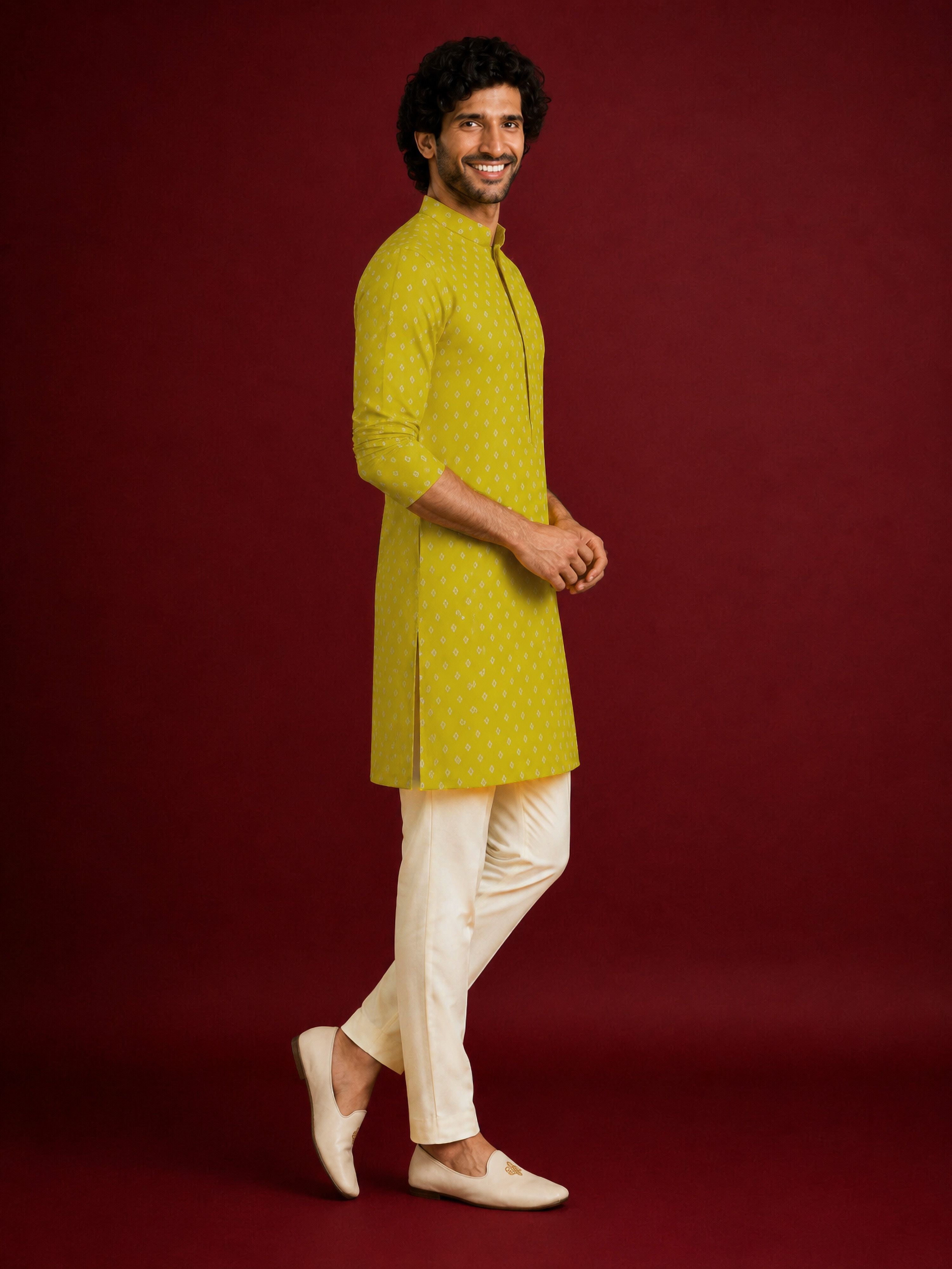 Men's Yellow Rayon Digital Print Thigh Length Kurta with Pyjama