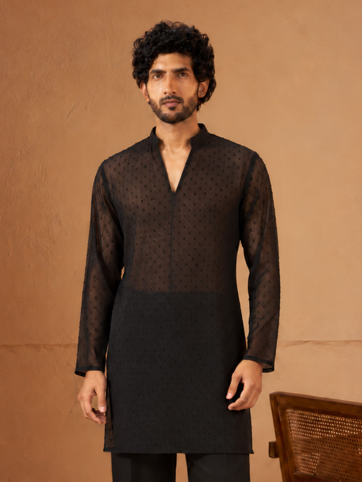 Men Black Georgette Kurta Diwali, All regions, Festive, Navratri, Party, Summer / Casual Ethnic Wear
