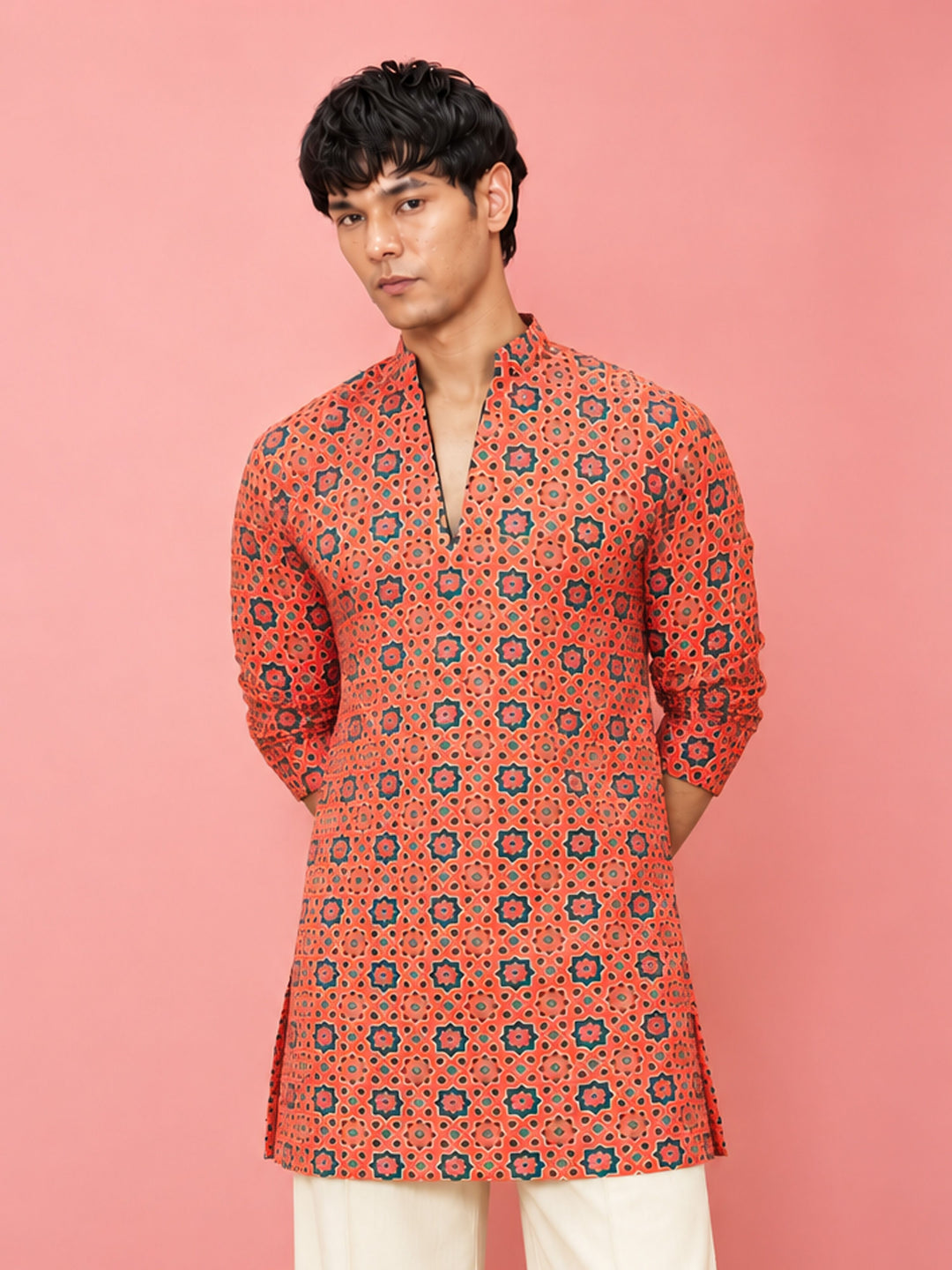 Men Orange Rayon Cotton Kurta Diwali, All regions, Festive, Navratri, Party, Summer / Casual Ethnic Wear