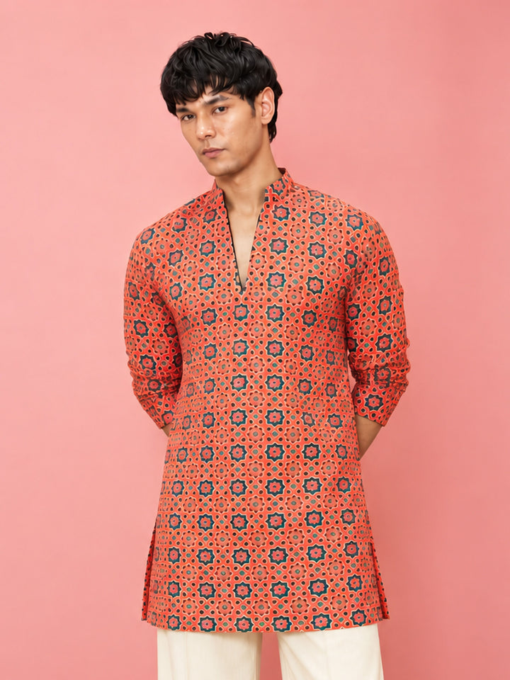 Men Orange Rayon Cotton Kurta Diwali, All regions, Festive, Navratri, Party, Summer / Casual Ethnic Wear