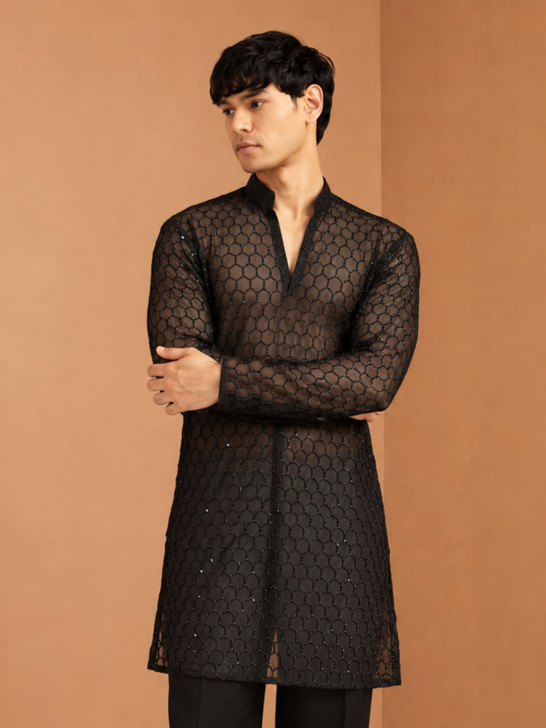 Men Black Georgette Kurta Diwali, All regions, Festive, Navratri, Party, Summer / Casual Ethnic Wear
