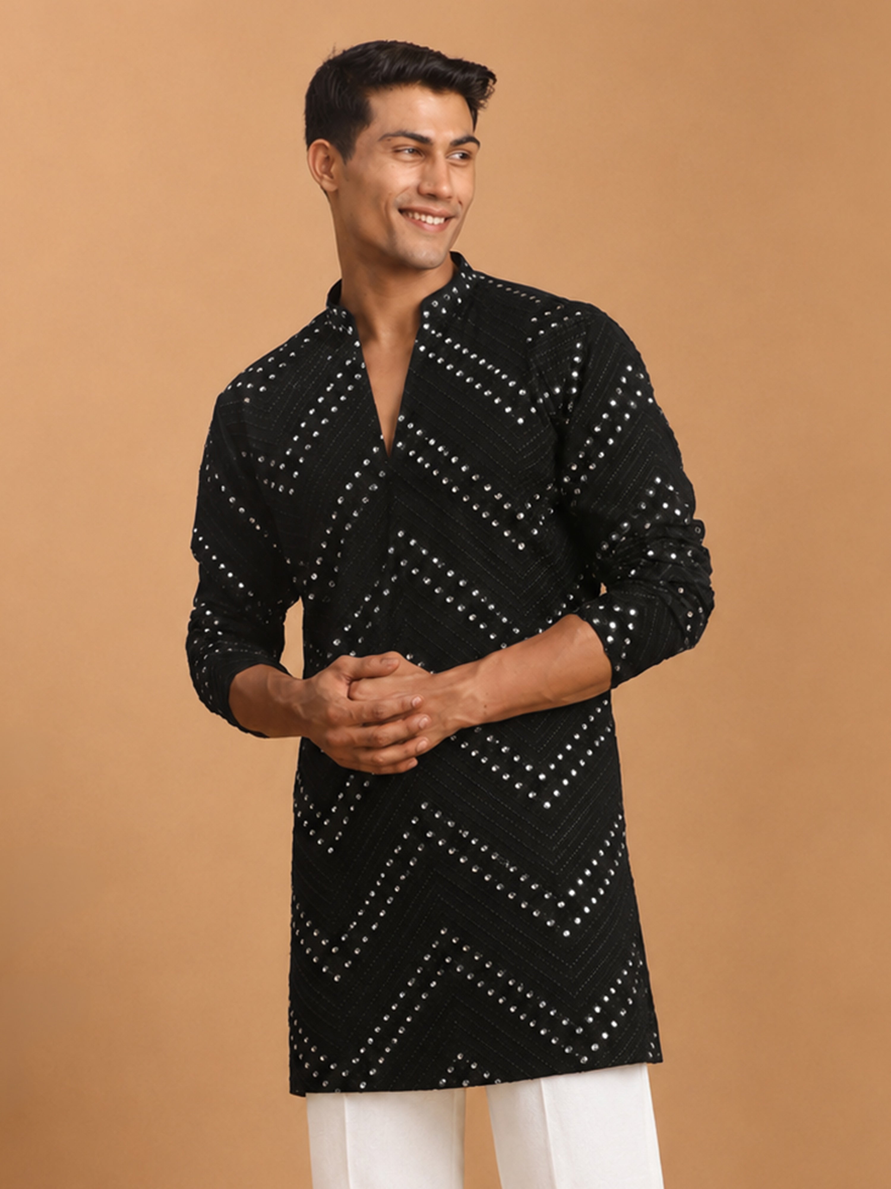 Men's Black Georgette Mirror Work Kurta | Mandarin Collar