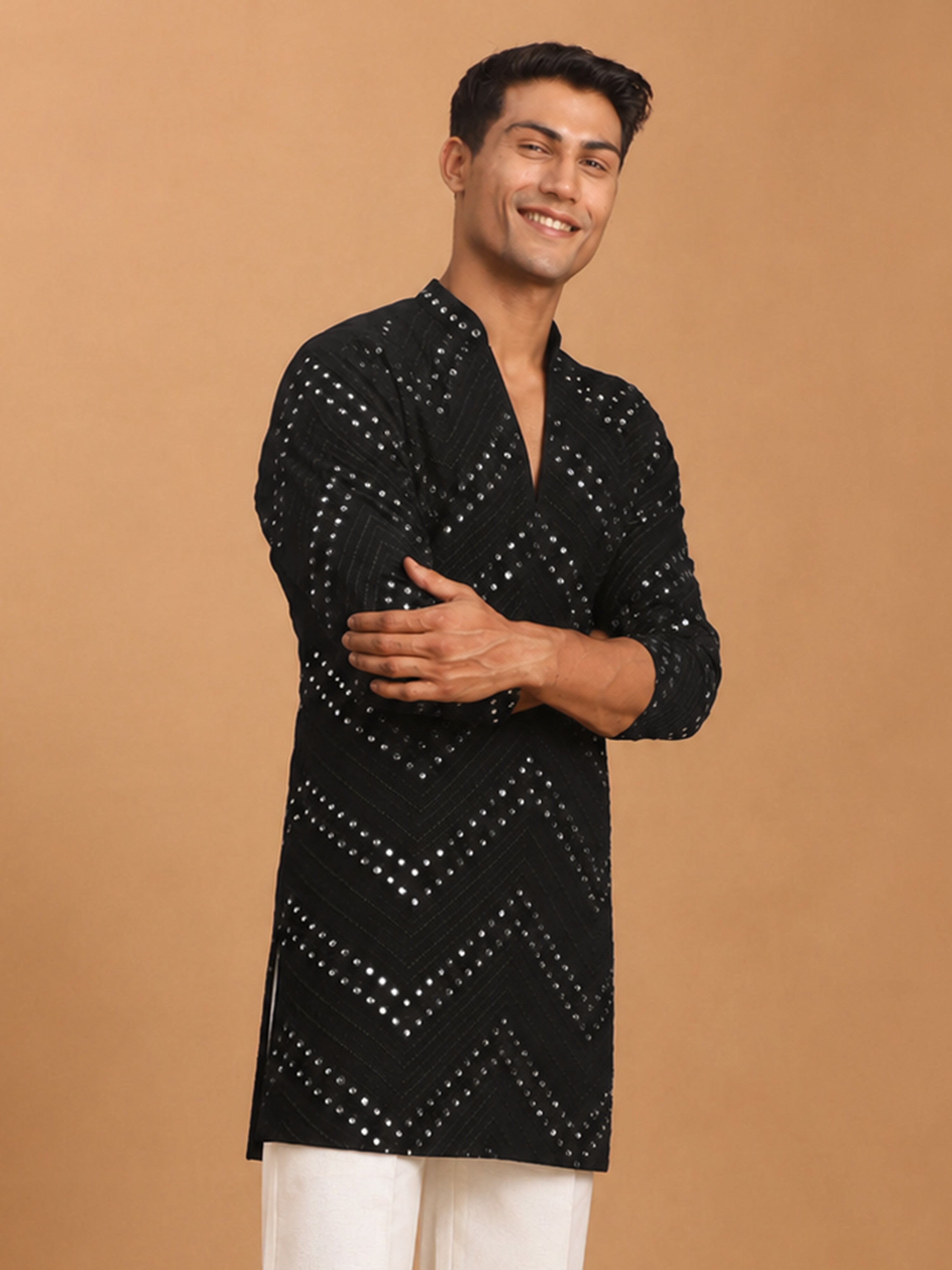 Men's Black Georgette Geometry Thigh Length Kurta