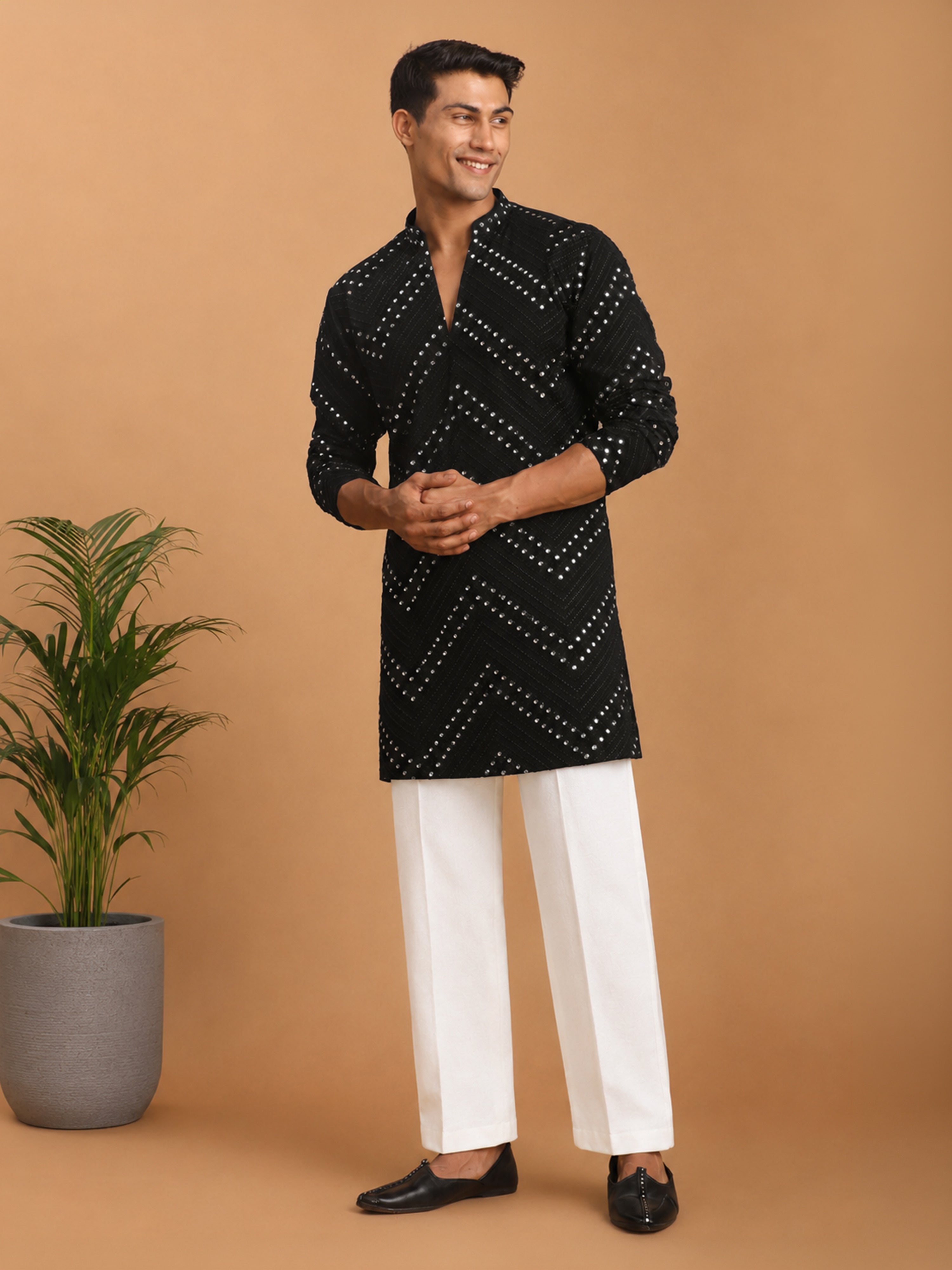 Men's Black Georgette Geometry Thigh Length Kurta