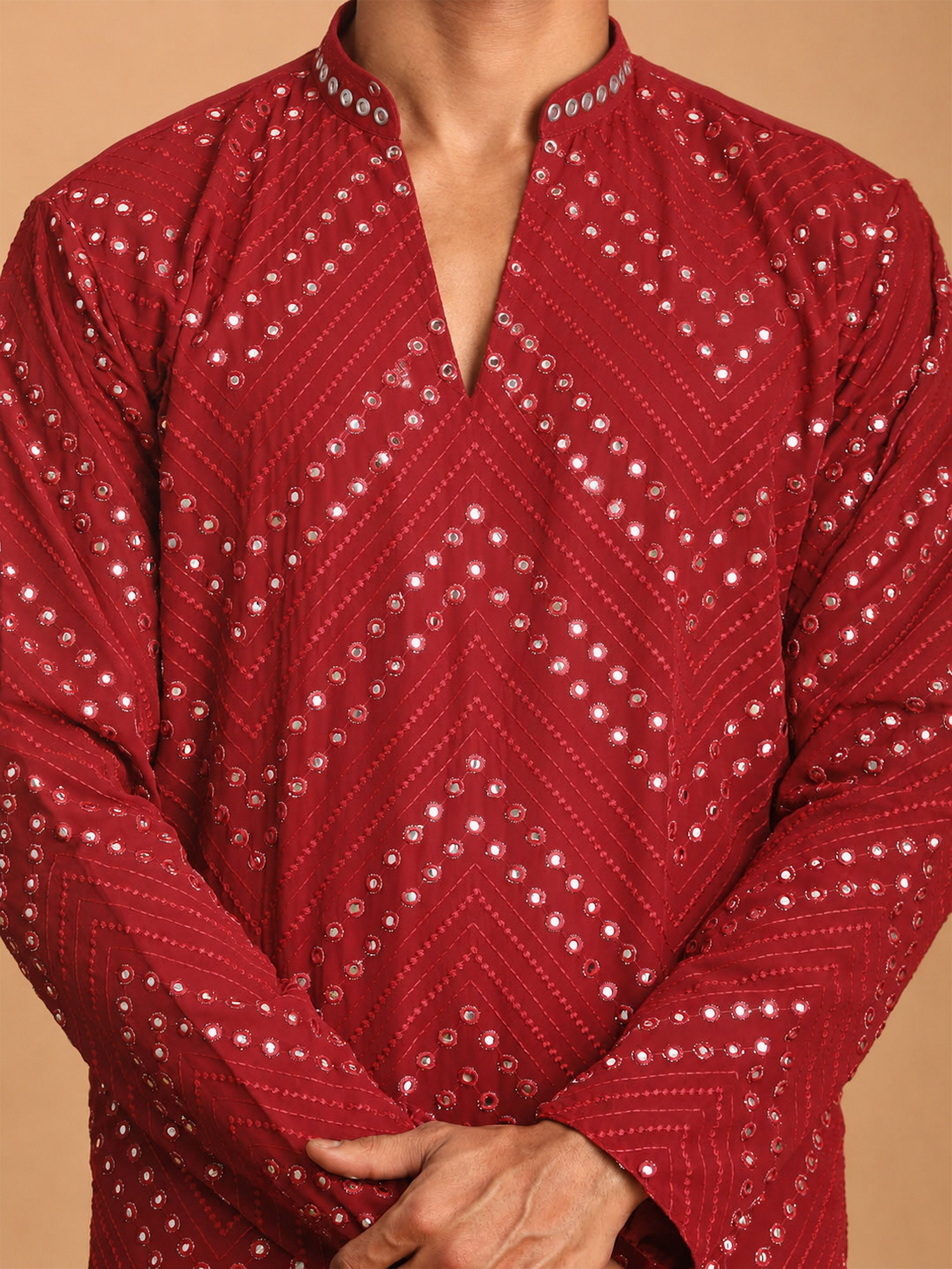 Men's Red Georgette Geometry Thigh Length Kurta