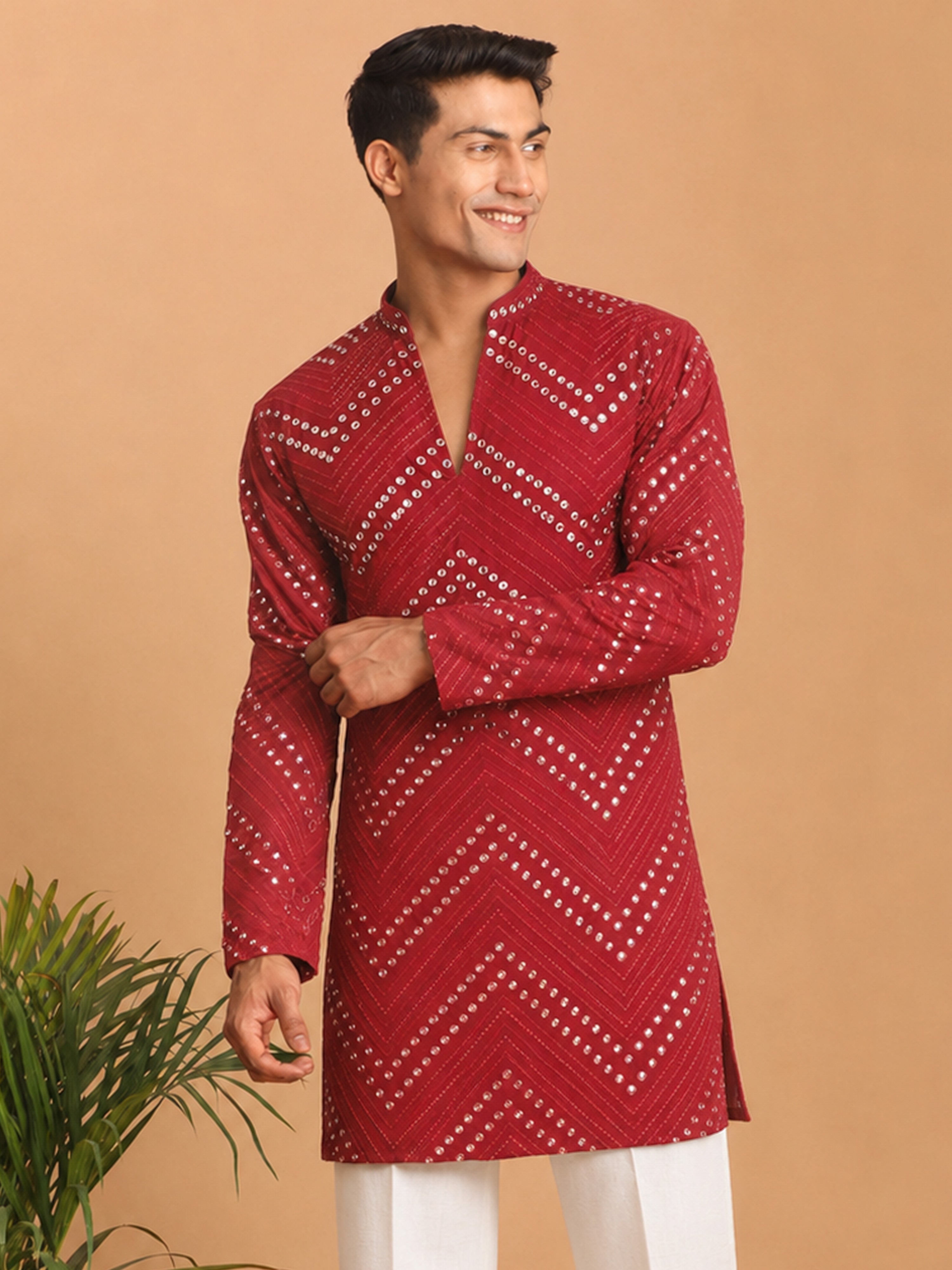 Men's Red Georgette Geometry Thigh Length Kurta