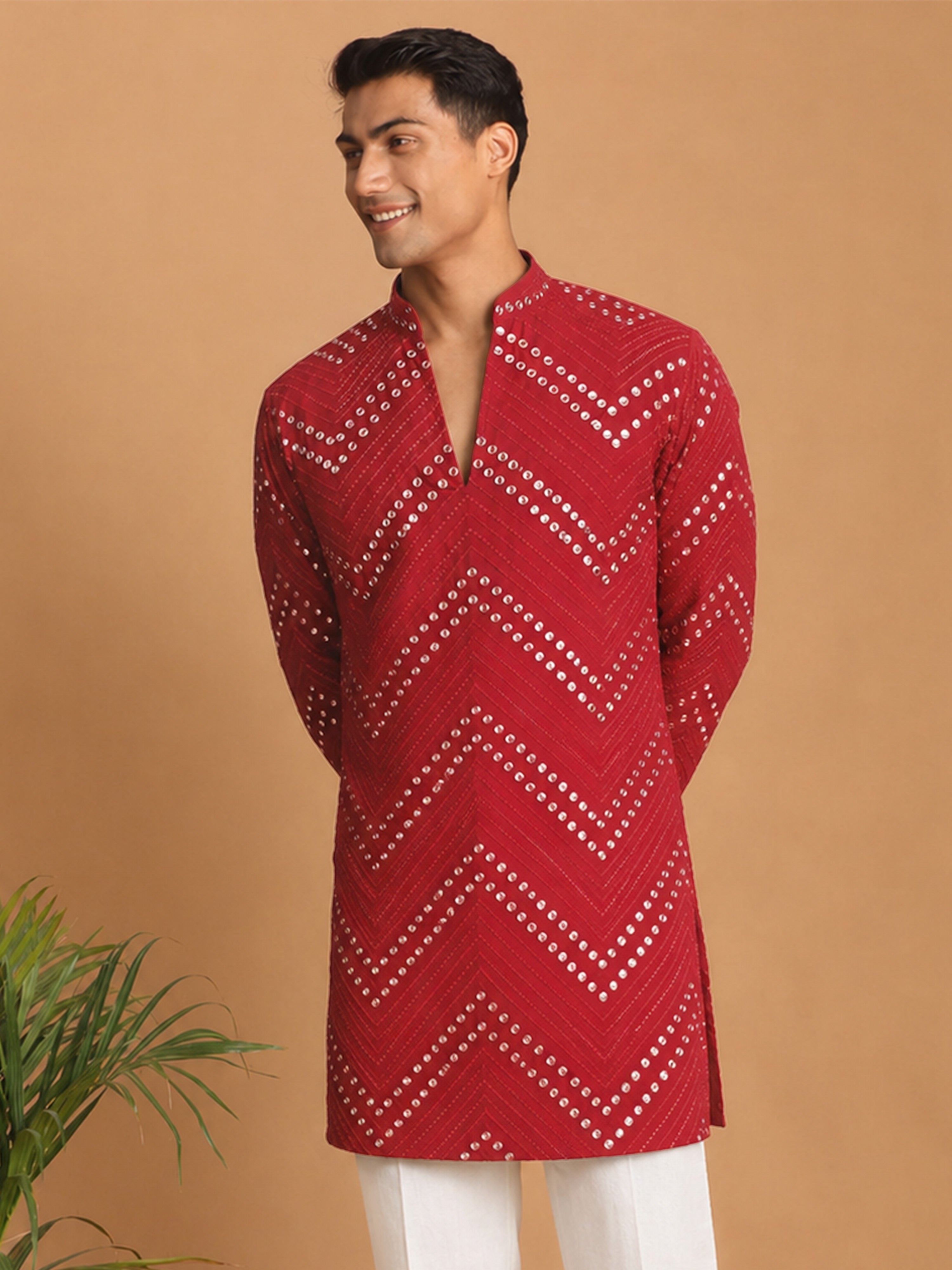 Men's Red Georgette Geometry Thigh Length Kurta