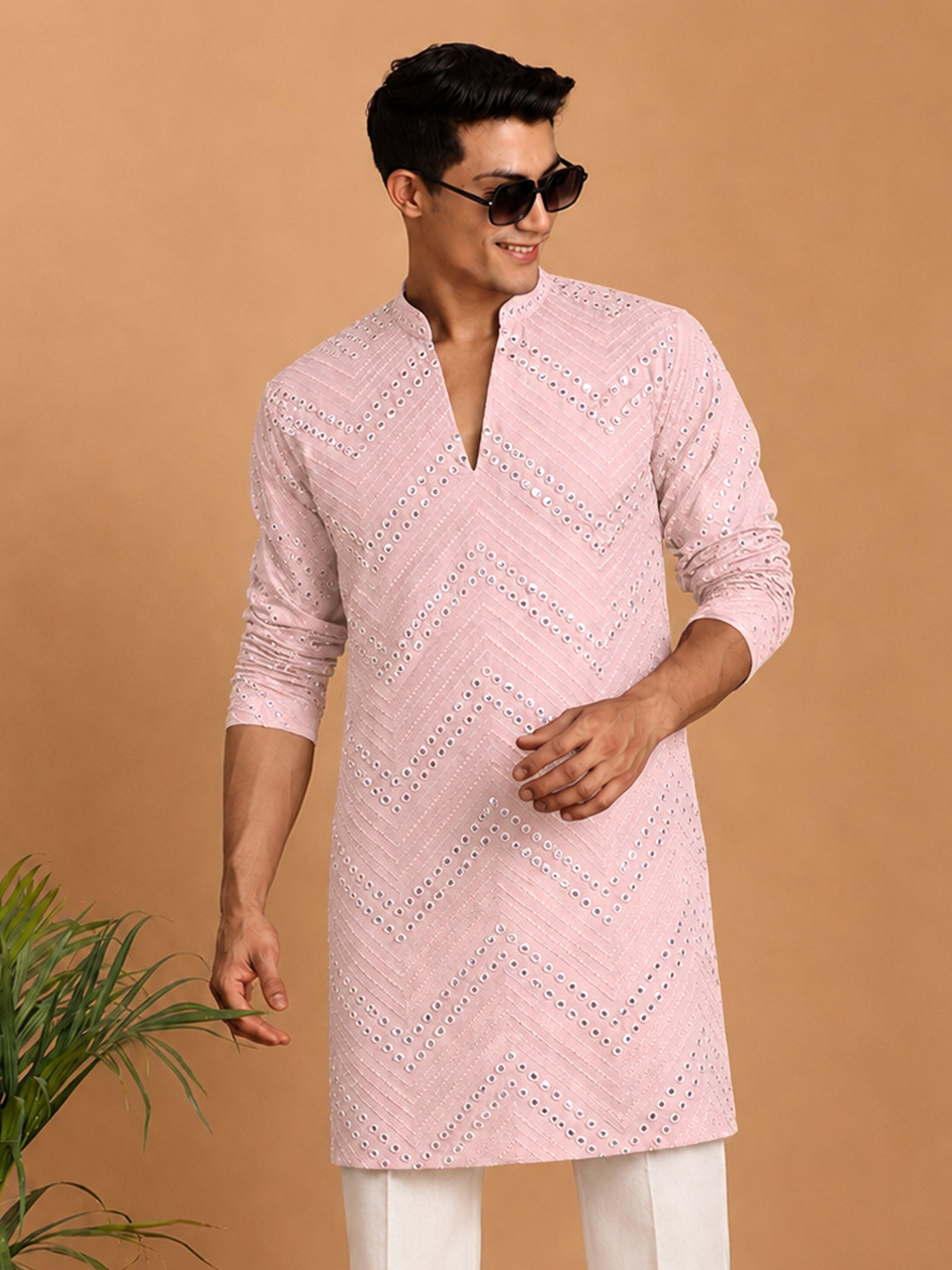 Men's Pink Georgette Mirror Work Kurta | Mandarin Collar