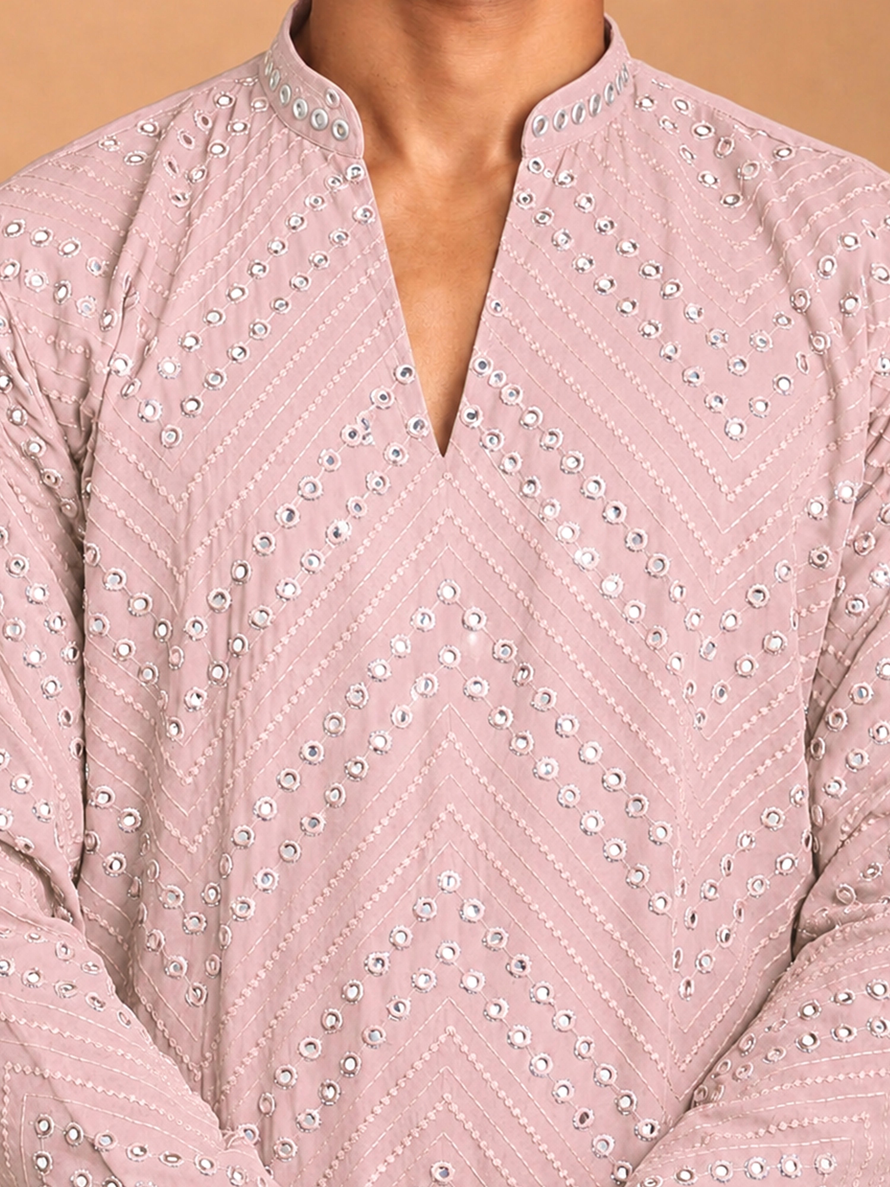 Men's Pink Georgette Geometry Thigh Length Kurta