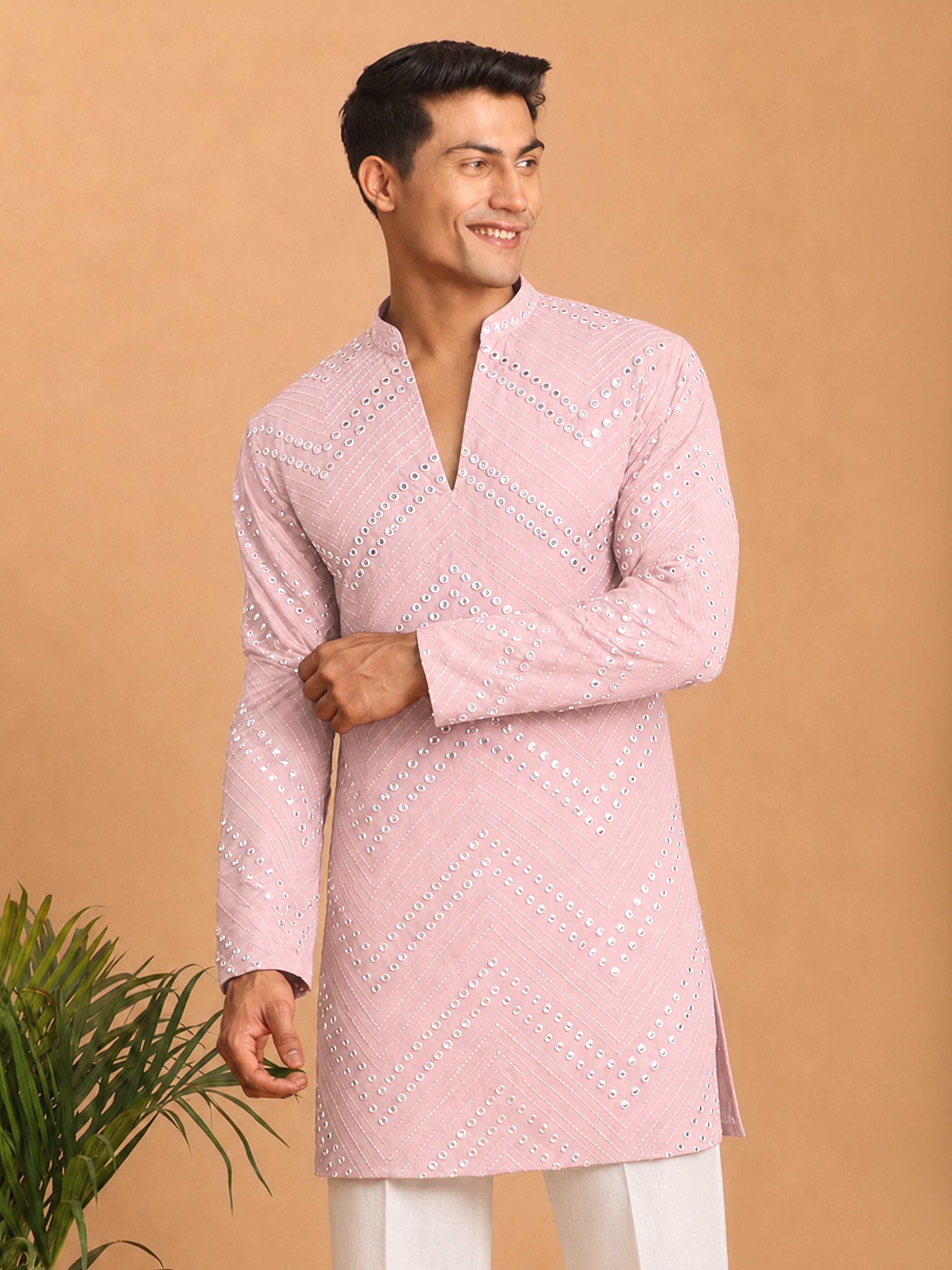Men's Pink Georgette Geometry Thigh Length Kurta