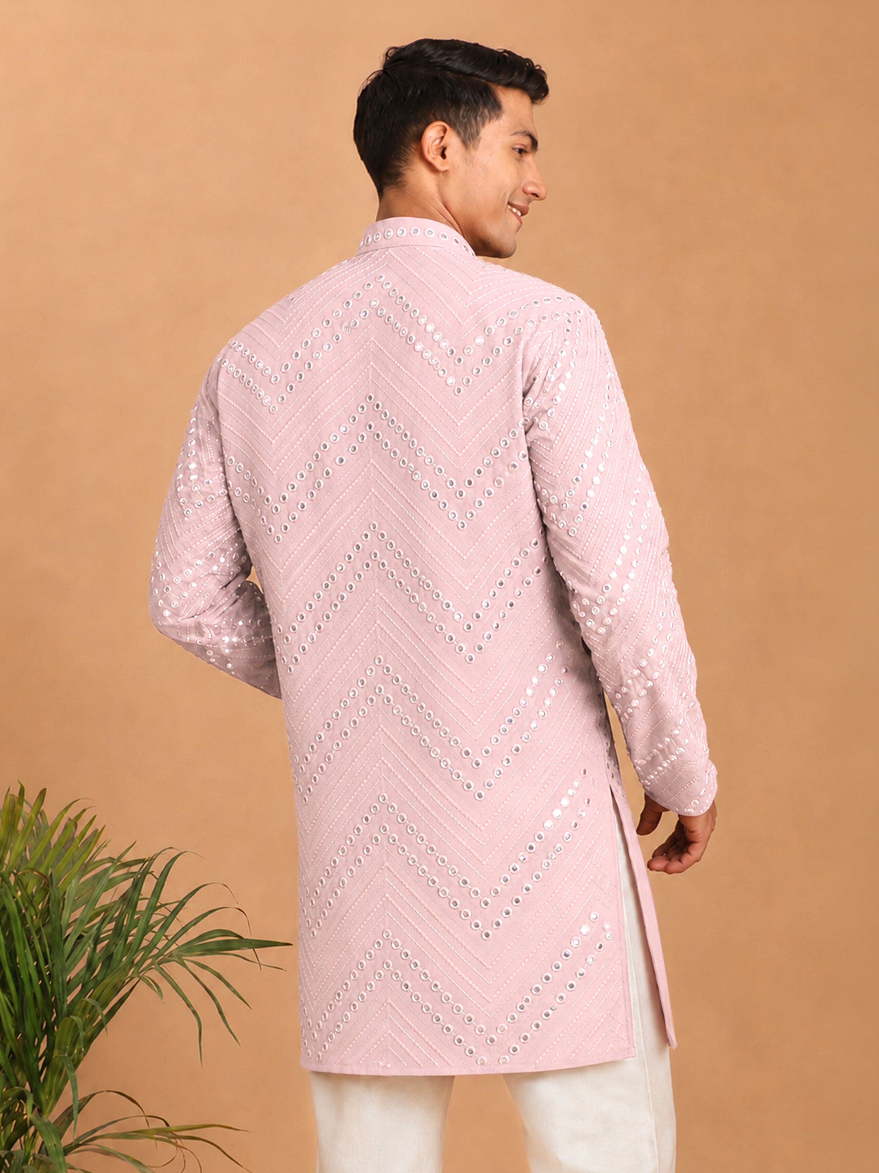 Men's Pink Georgette Geometry Thigh Length Kurta