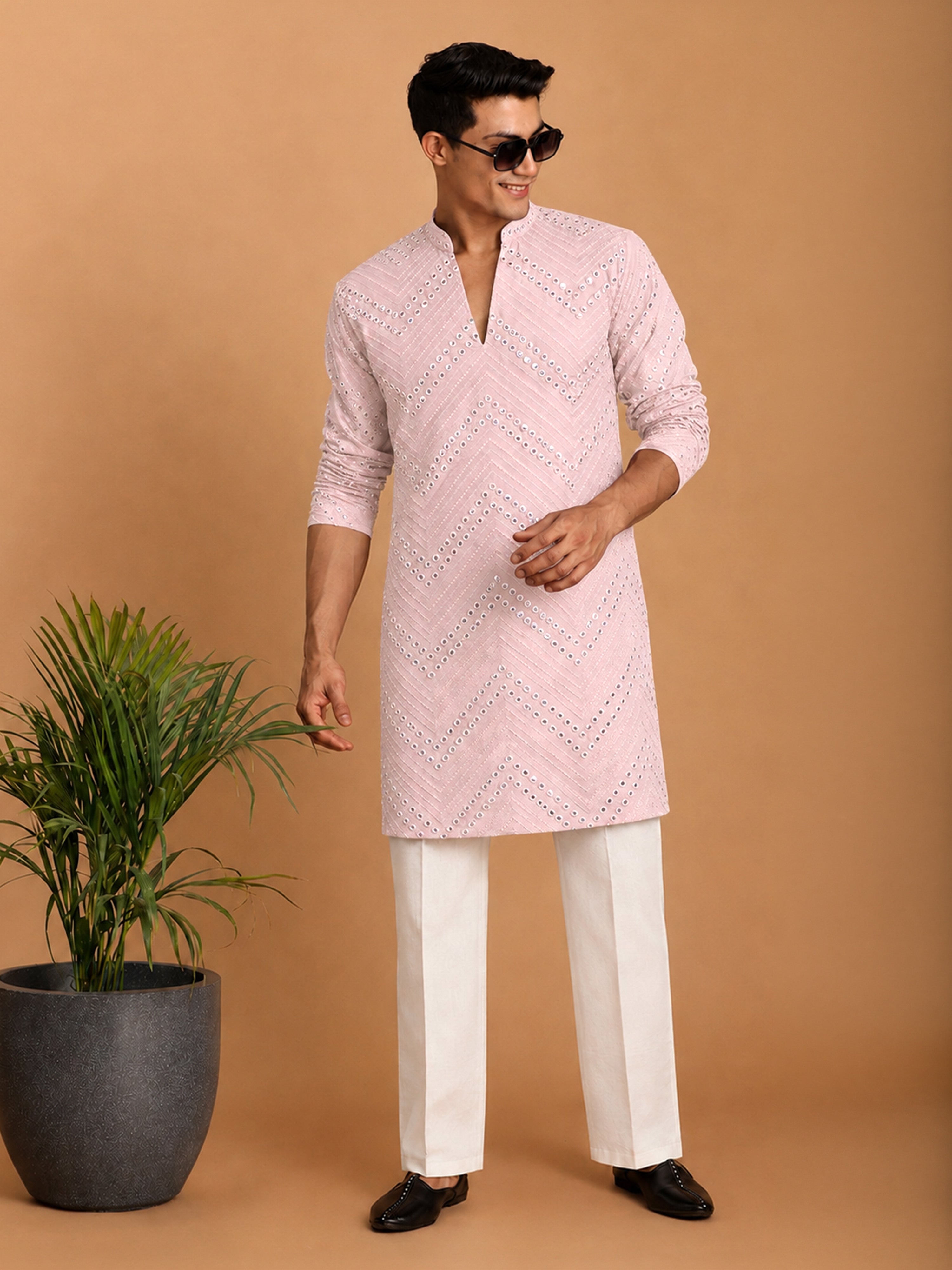 Men's Pink Georgette Geometry Thigh Length Kurta