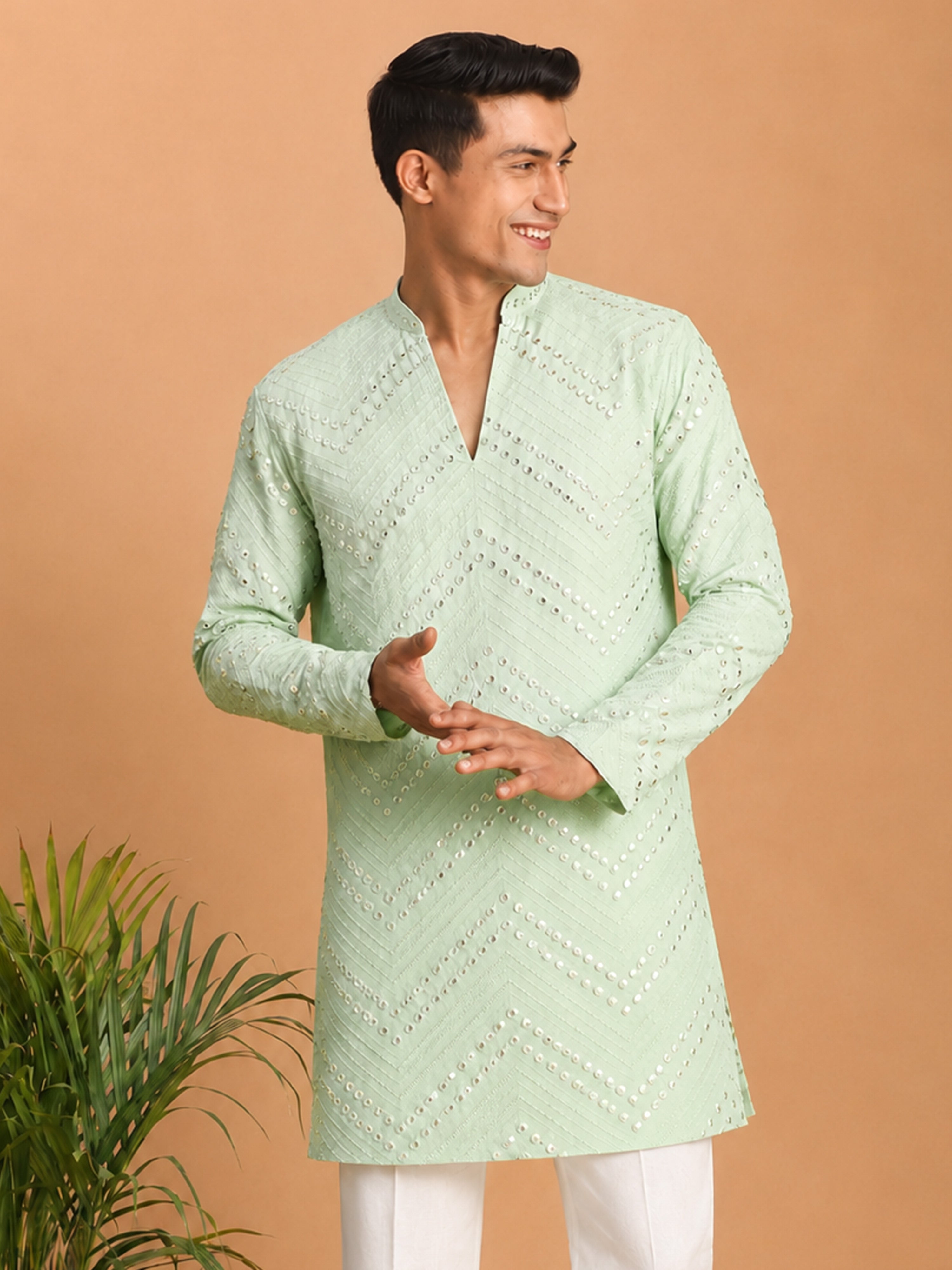 Men Light Green Georgette Mirror Work Straight Kurta
