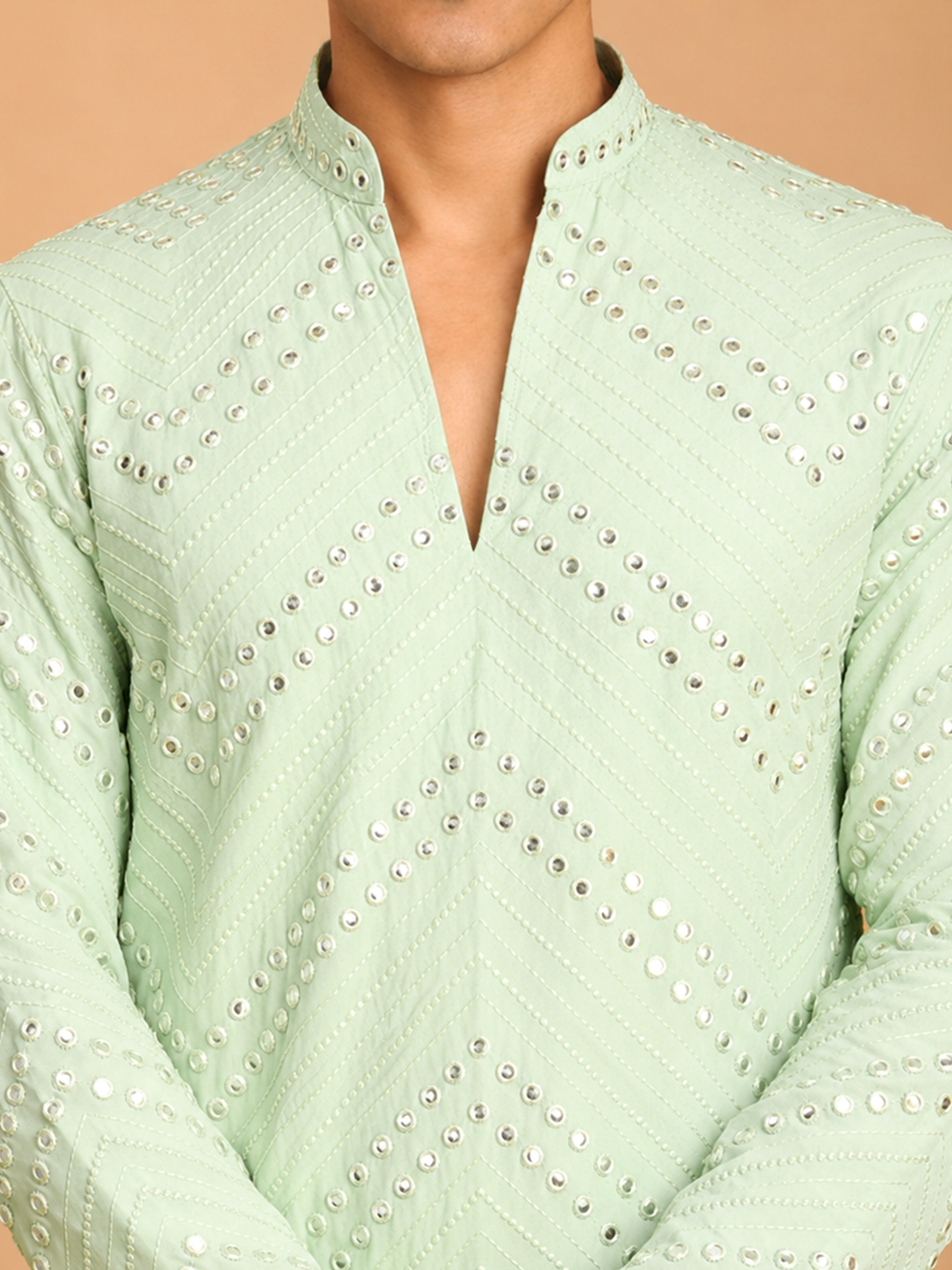 Men's Light Green Georgette Geometry Thigh Length Kurta