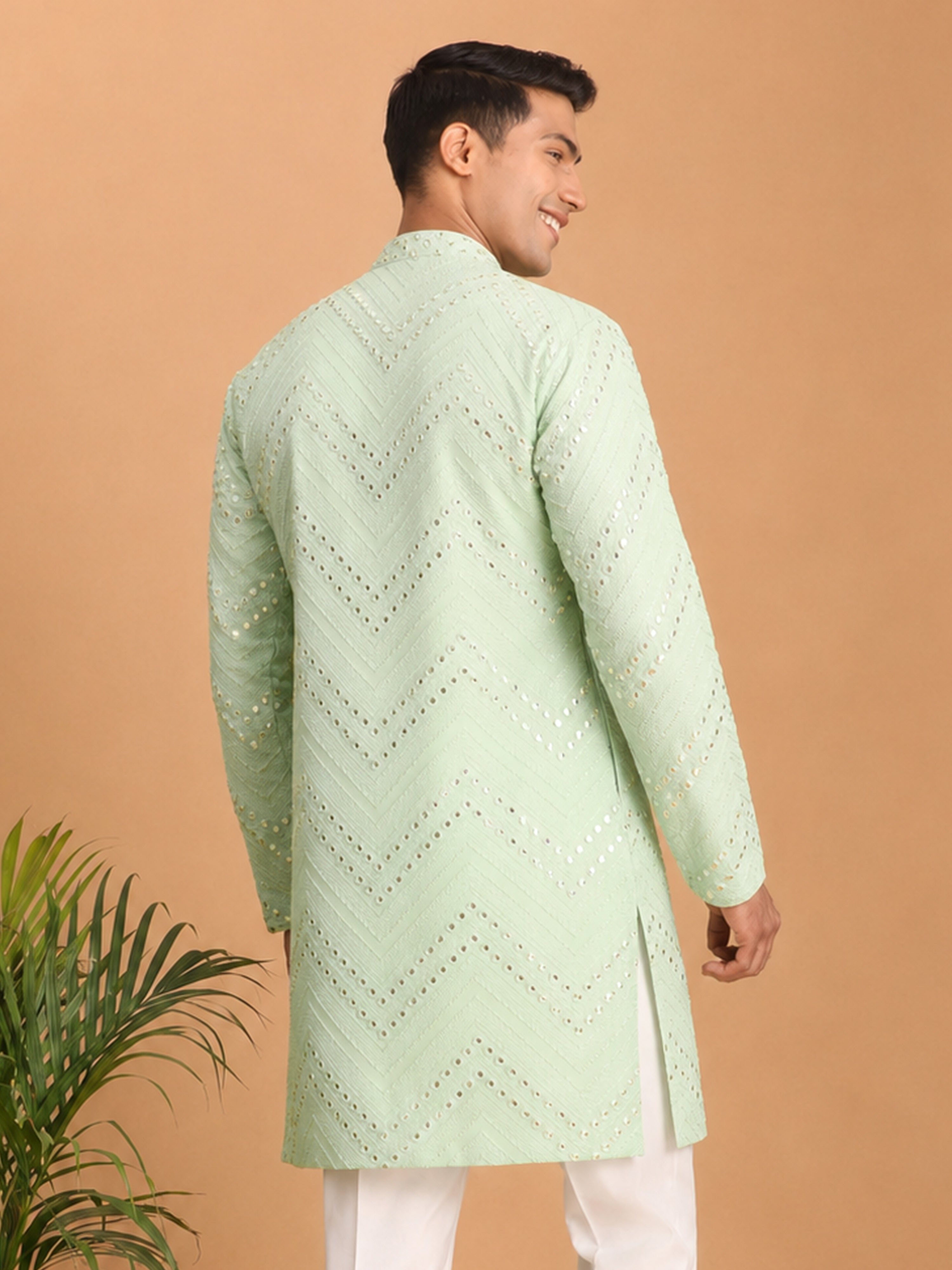 Men's Light Green Georgette Geometry Thigh Length Kurta