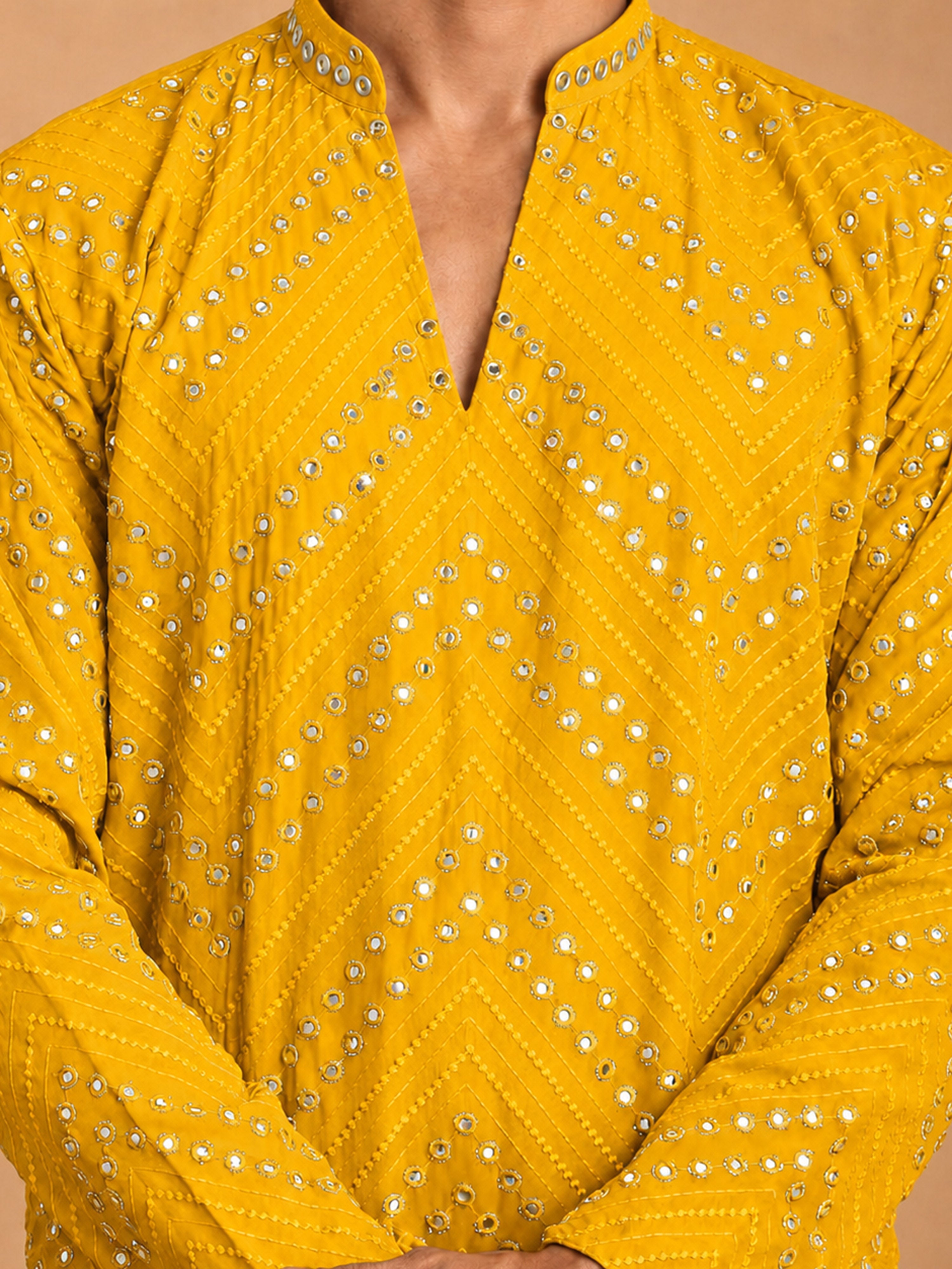 Men's Yellow Georgette Geometry Thigh Length Kurta