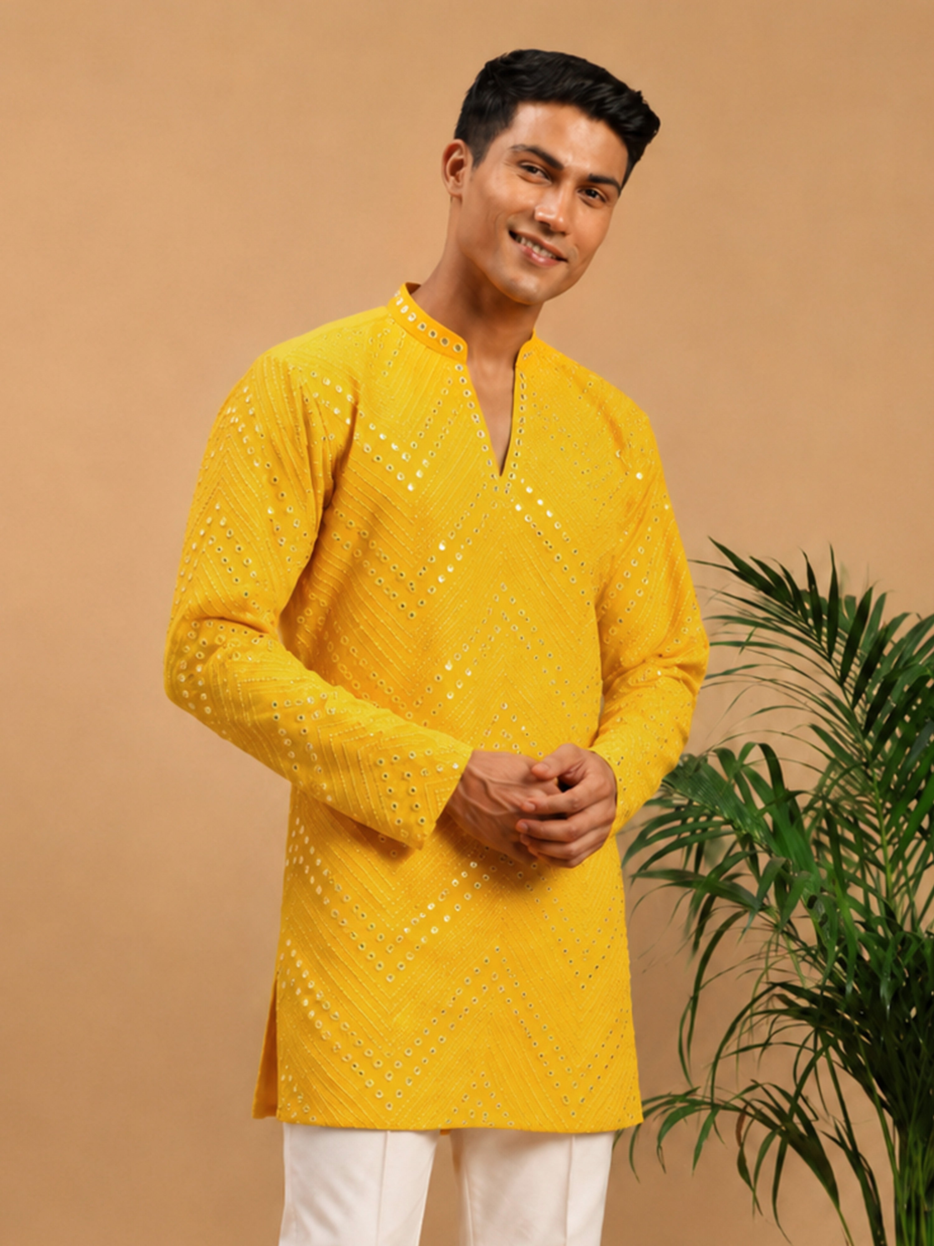 Men's Yellow Georgette Geometry Thigh Length Kurta
