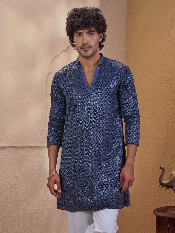 Vastramay Men Grey Rayon Sequin Embellished V-Neck Thigh Length Kurta