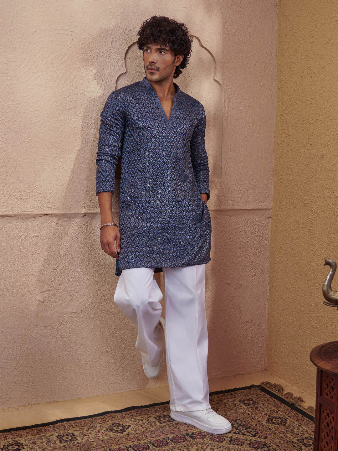 Vastramay Men Grey Rayon Sequin Embellished V-Neck Thigh Length Kurta