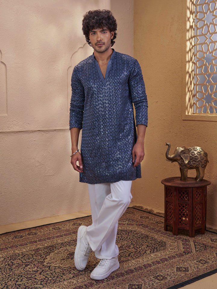 Men Grey Sequin Embellished V-Neck Kurta with White Wide Leg Pant Set