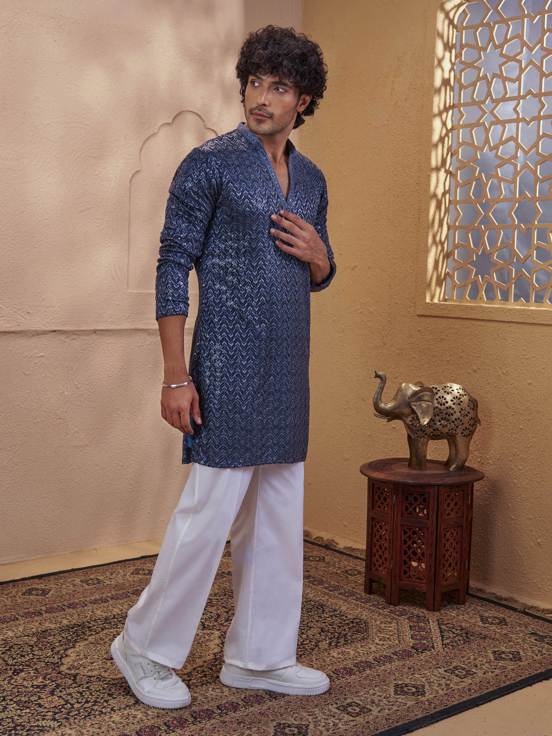 Men Grey Sequin Embellished V-Neck Kurta with White Wide Leg Pant Set