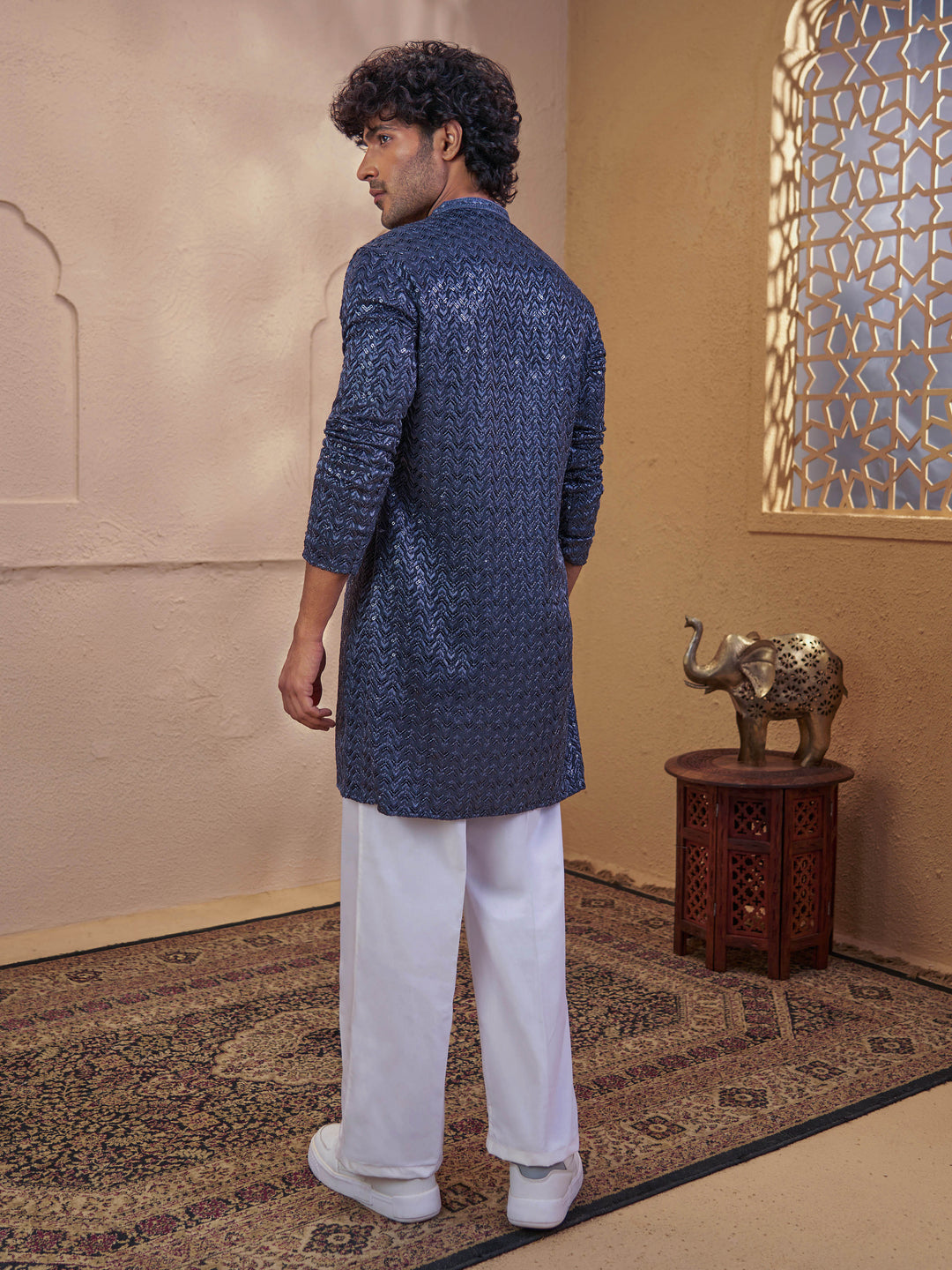 Men Grey Sequin Embellished V-Neck Kurta with White Wide Leg Pant Set